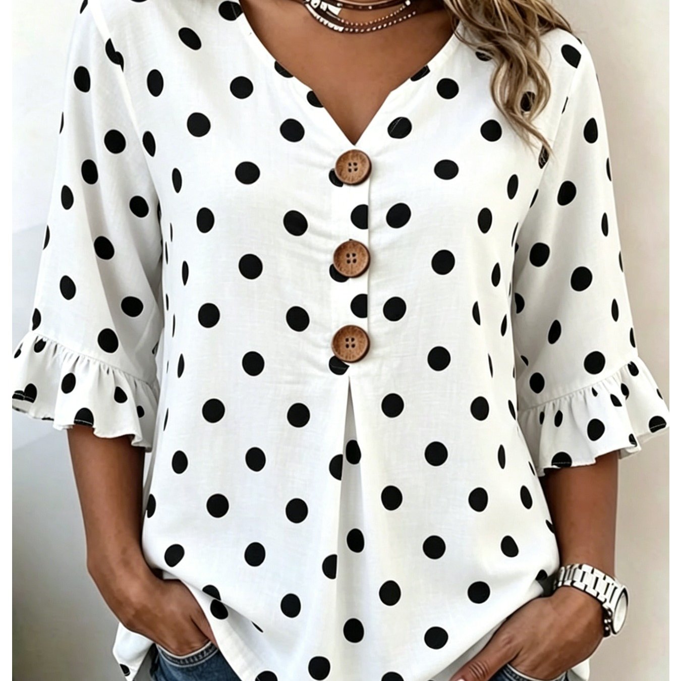 Women's Black And White Polka Dot Print V-neck Three-button Bell-sleeve Shirt