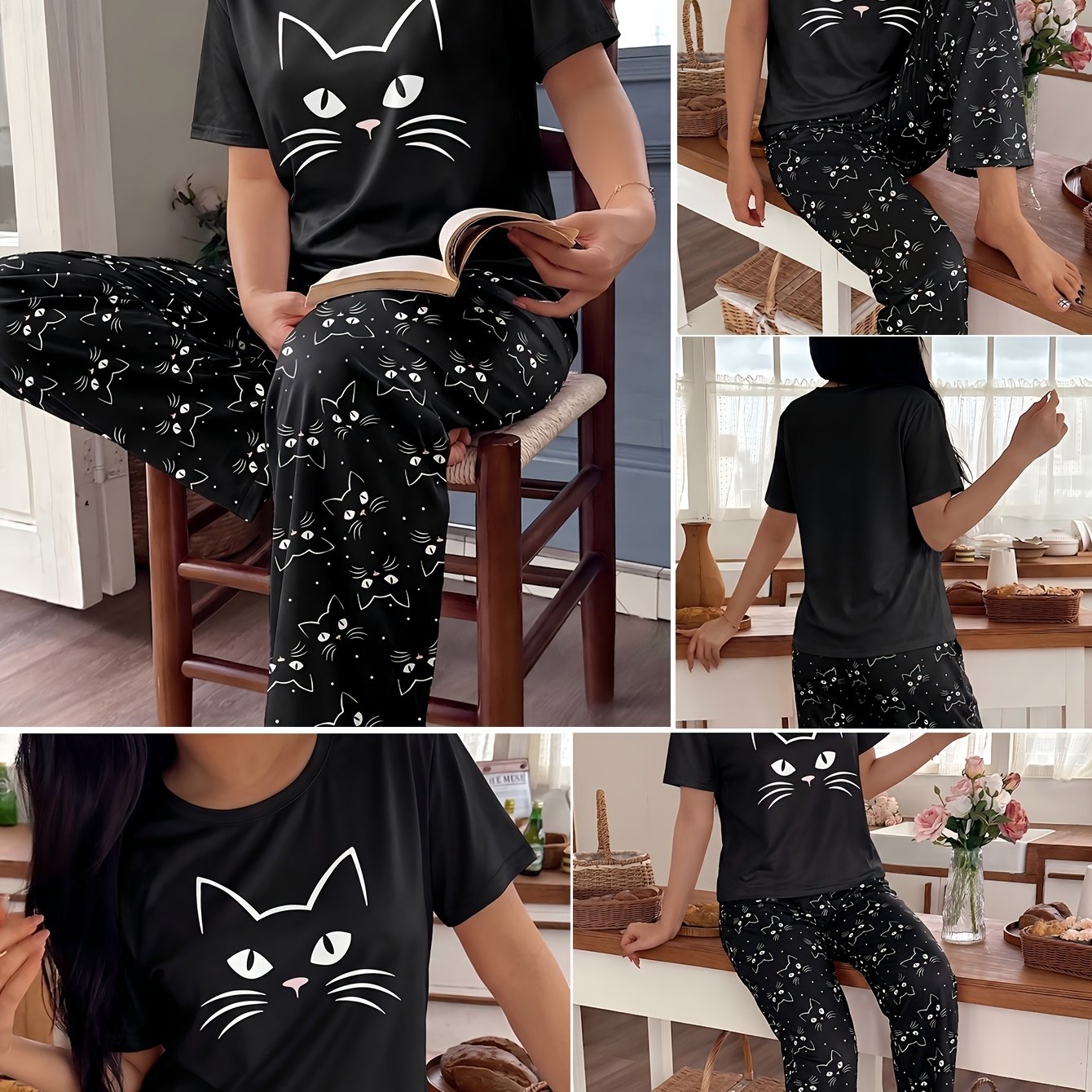 TEMU Women's Pajama Set Cute Black Cat Print, 2pcs Round Neck Short Sleeve And Long Pants, Breathable Comfortable Casual Wear, Relaxed Fit, Sleepwear