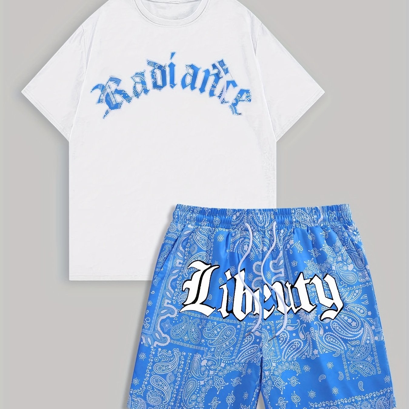 TEMU Mod Sokak Stili Baskılı Kısa Kollu Artı Çözülmüş Desen Baskılı Bağcıklı Şort 2 parça Set, Yaz Mod Seti 2 parça