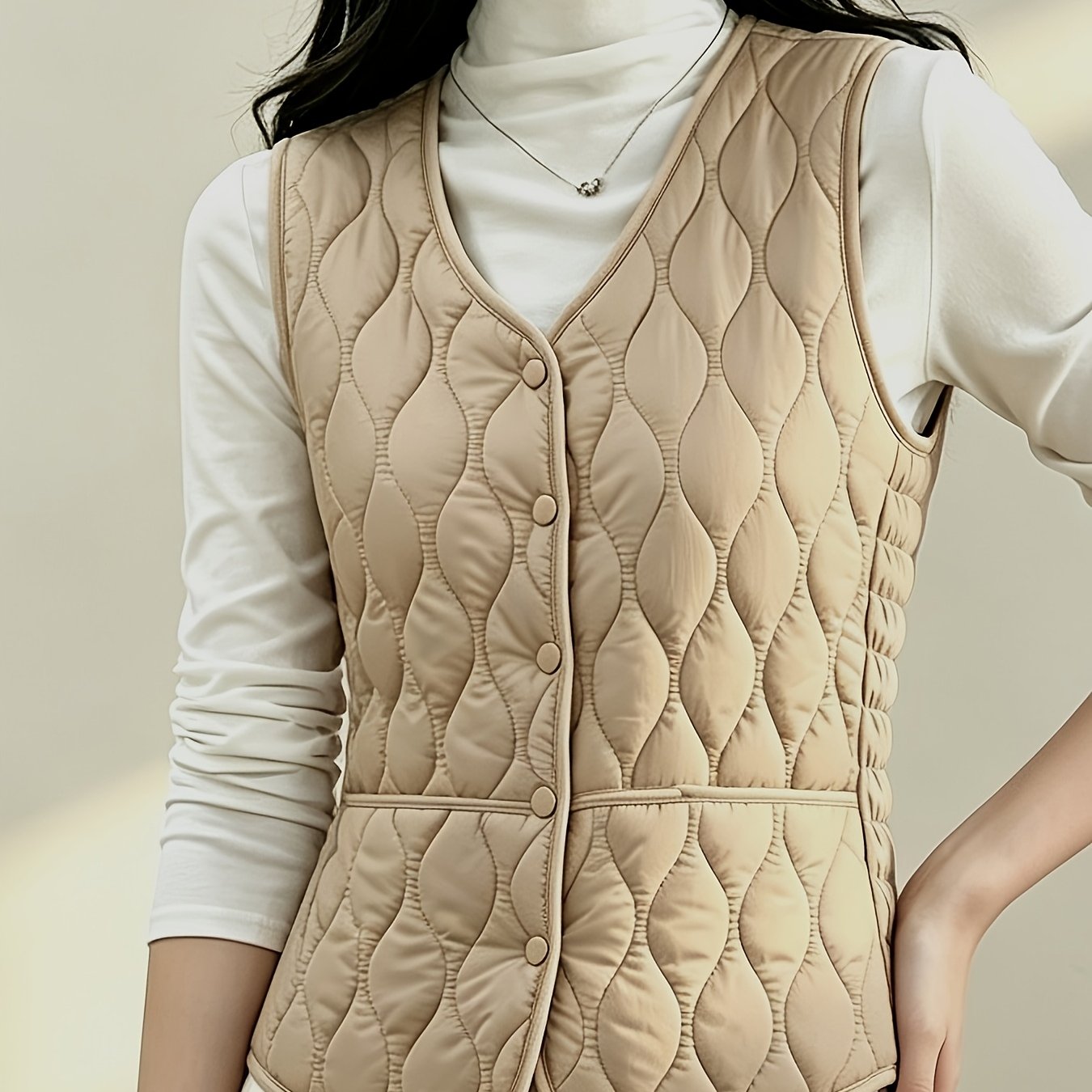 TEMU Spring, Autumn, Winter Women's V-neck Wavy Quilted Vest With Elastic Side Waistband For A Fit, Single-breasted Button Warm Inner Layer Vest,