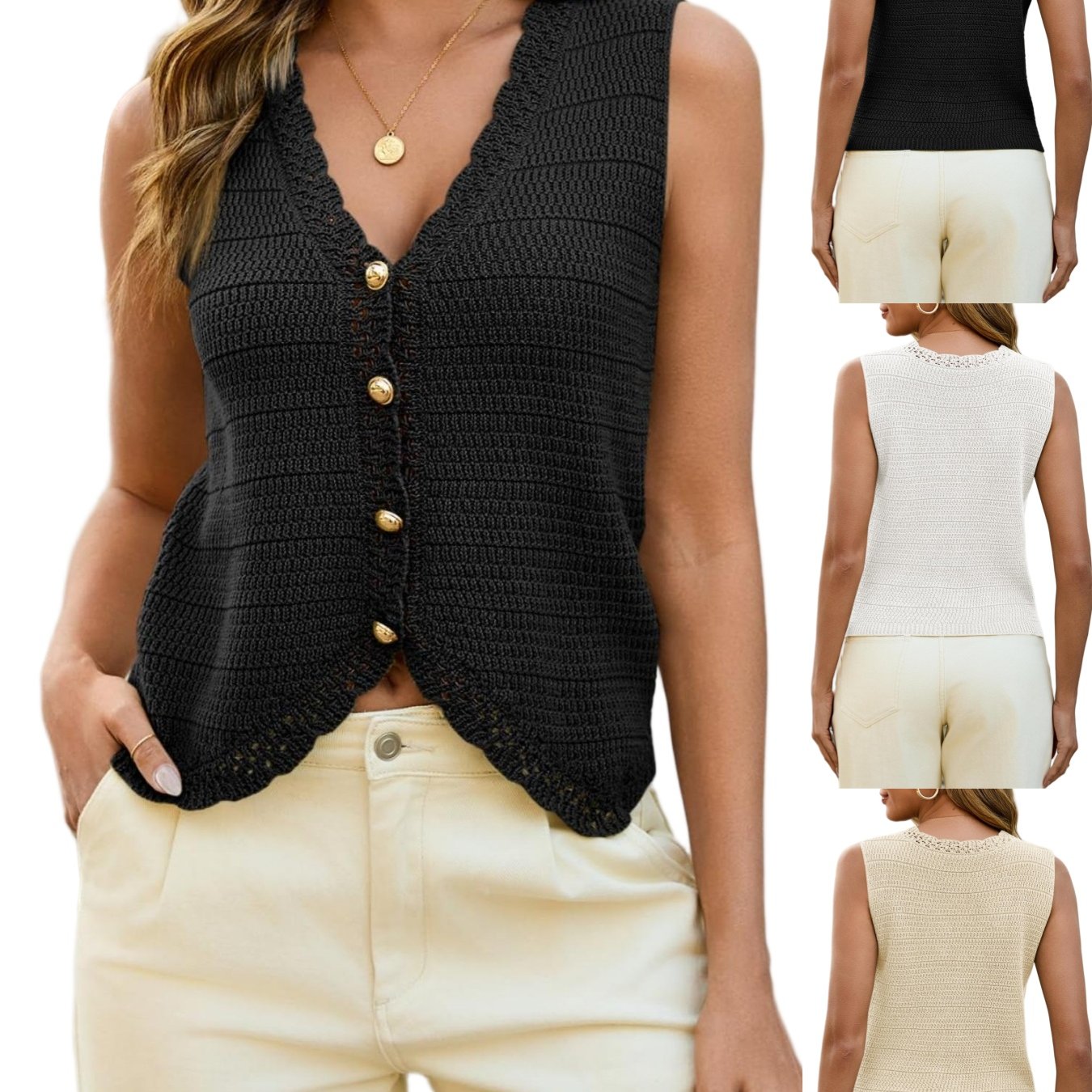 Image of Casual Sleeveless Summer Vest For Women, Featuring A V-neck, Cropped Design, Button- Front, And Loose Style, Perfect For