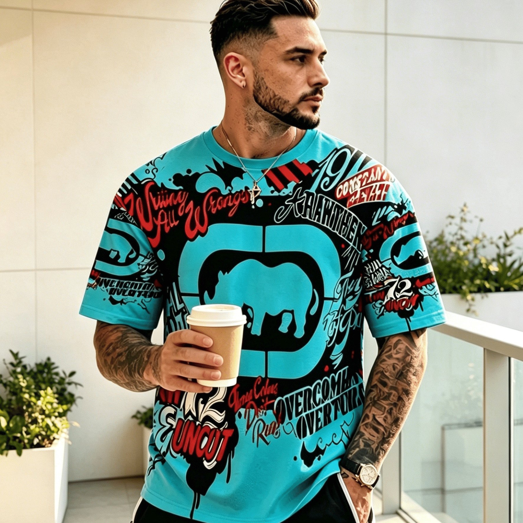 TEMU [printed Design - Not Textured] Men's Summer Crew Neck Short Sleeve Top With Lake , Full-print Street Graffiti Bear Head Graphic, Breathable And