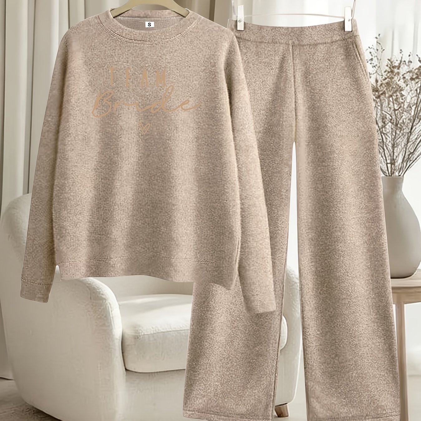 TEMU Women's Camel Light Khaki Relaxed Style 2pcs Set, Elegant Top And Wide-leg Pants, Comfortable Loungewear And Outing Set