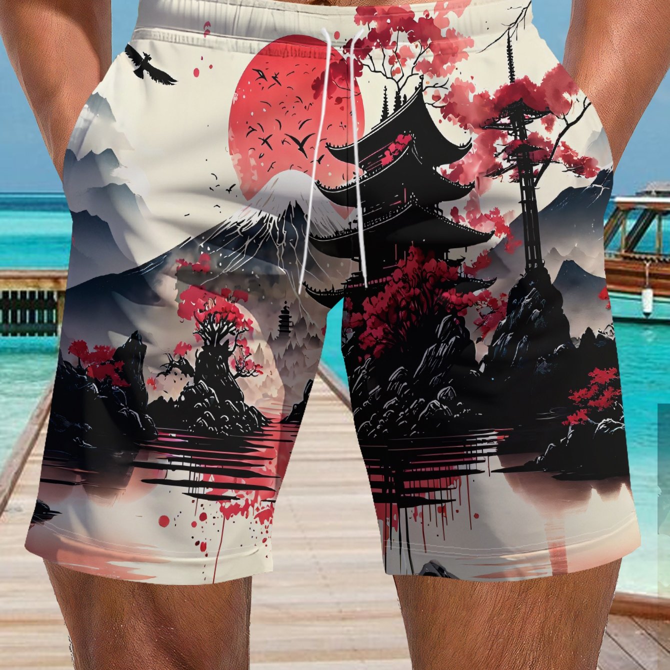 TEMU Men's Japanese & Print Swim Shorts - Quick-dry Shorts With Japan-themed Design, Breathable For Surfing, Snorkeling, - Machine Washable Casual