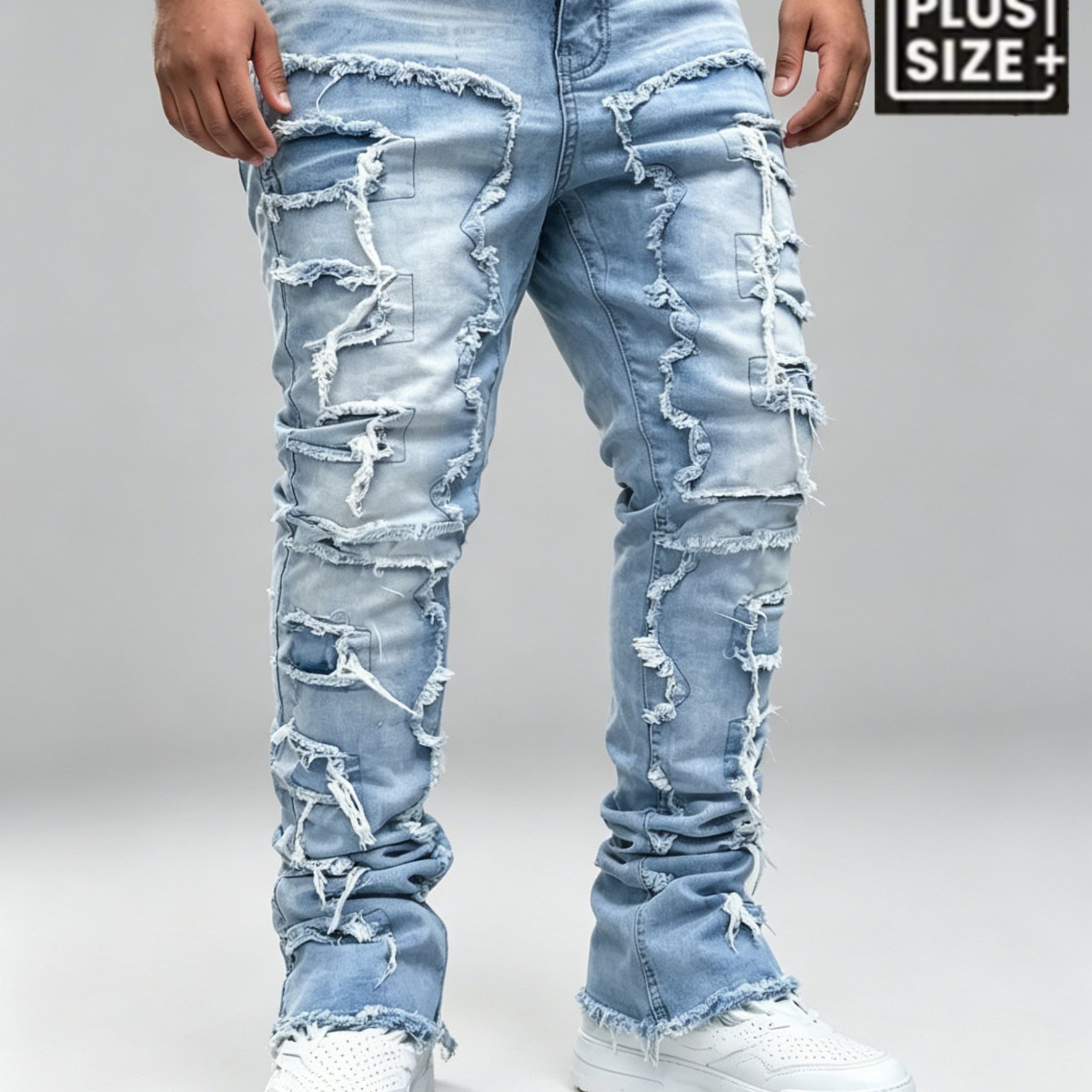 Image of Hme Men's Plus Size Light Blue Stacked Flare Jeans Frayed Spliced Ripped Long Jeans, Plus Size