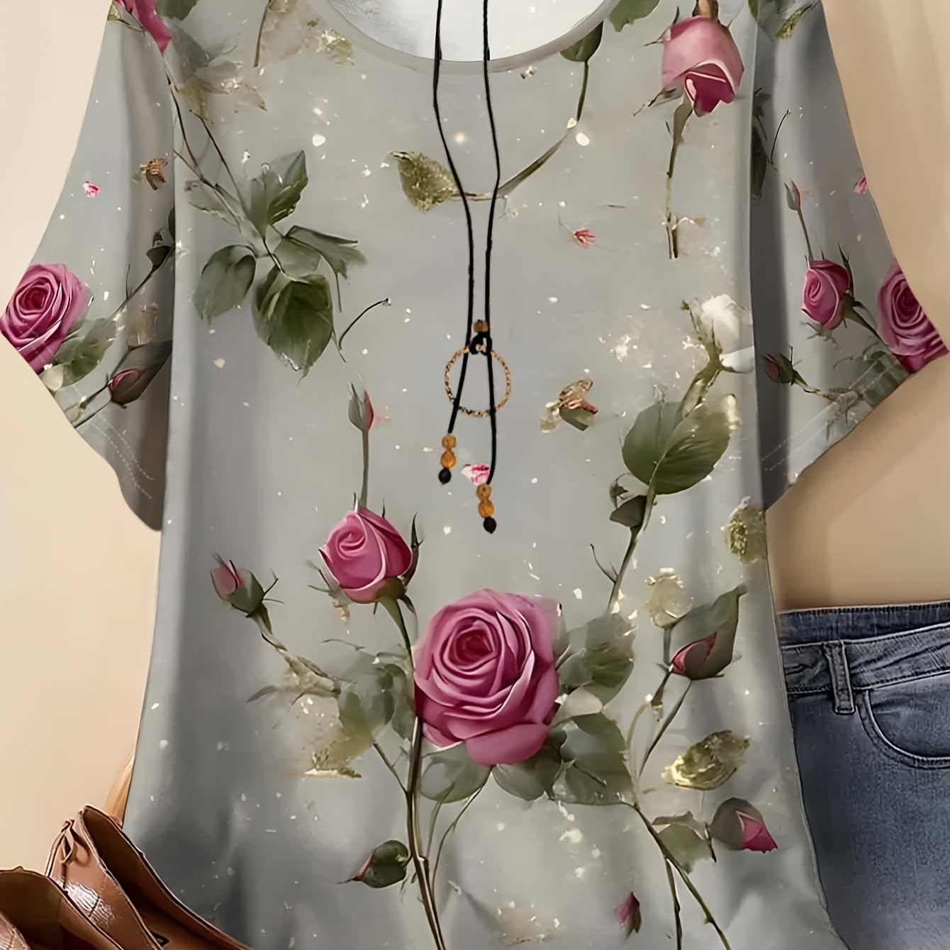 TEMU Plus Size Women's Full- Print Short Sleeve T-shirt - Loose Fit Breathable Round Neck Blouse-compatible Top | Opaque Suitable For Summer, Casual,