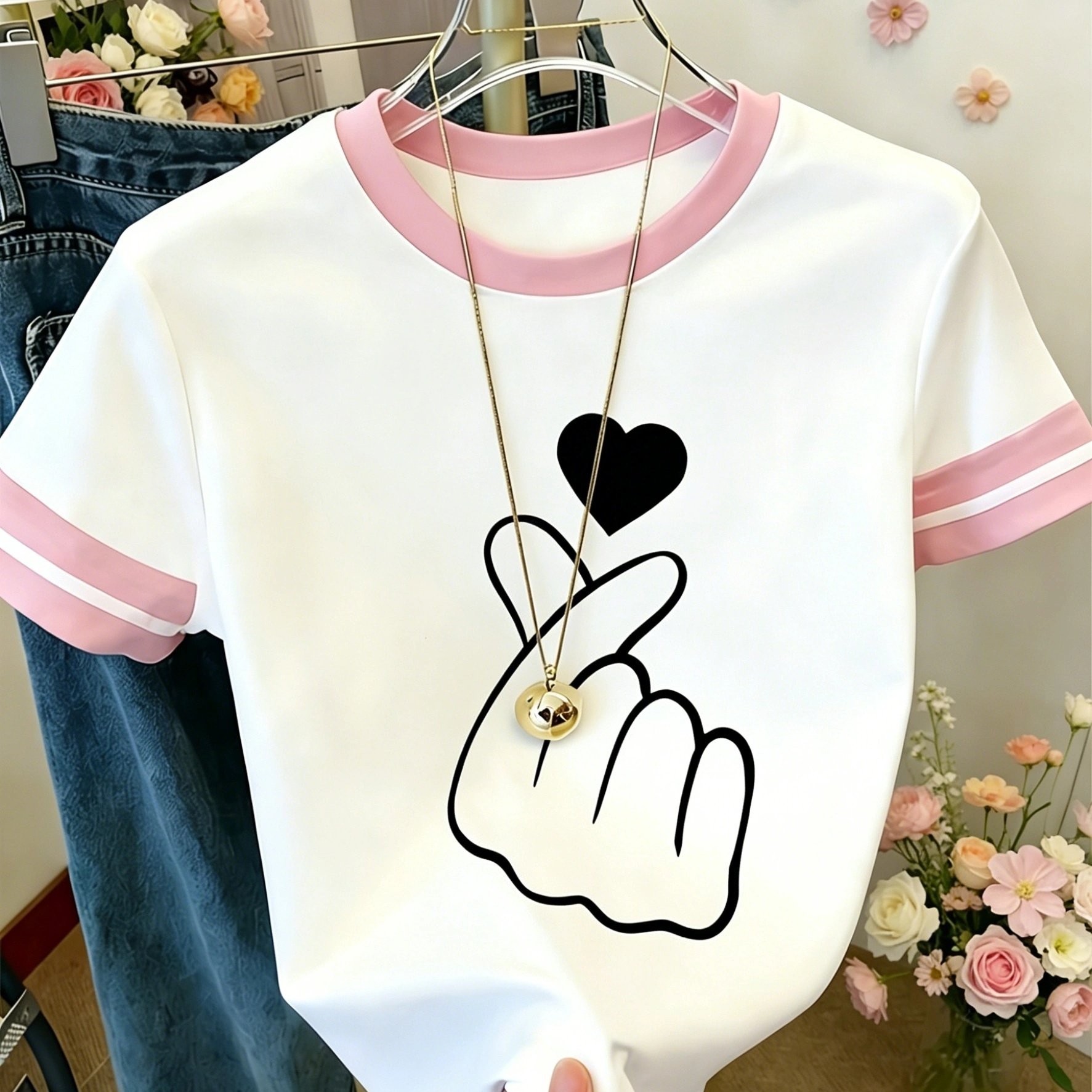 TEMU Colorblock -shirt With Heart & Short Sleeve Round Neck Blouse Suitable For, , Casual Attire - Breathable Summer Casual Top, Machine Washable