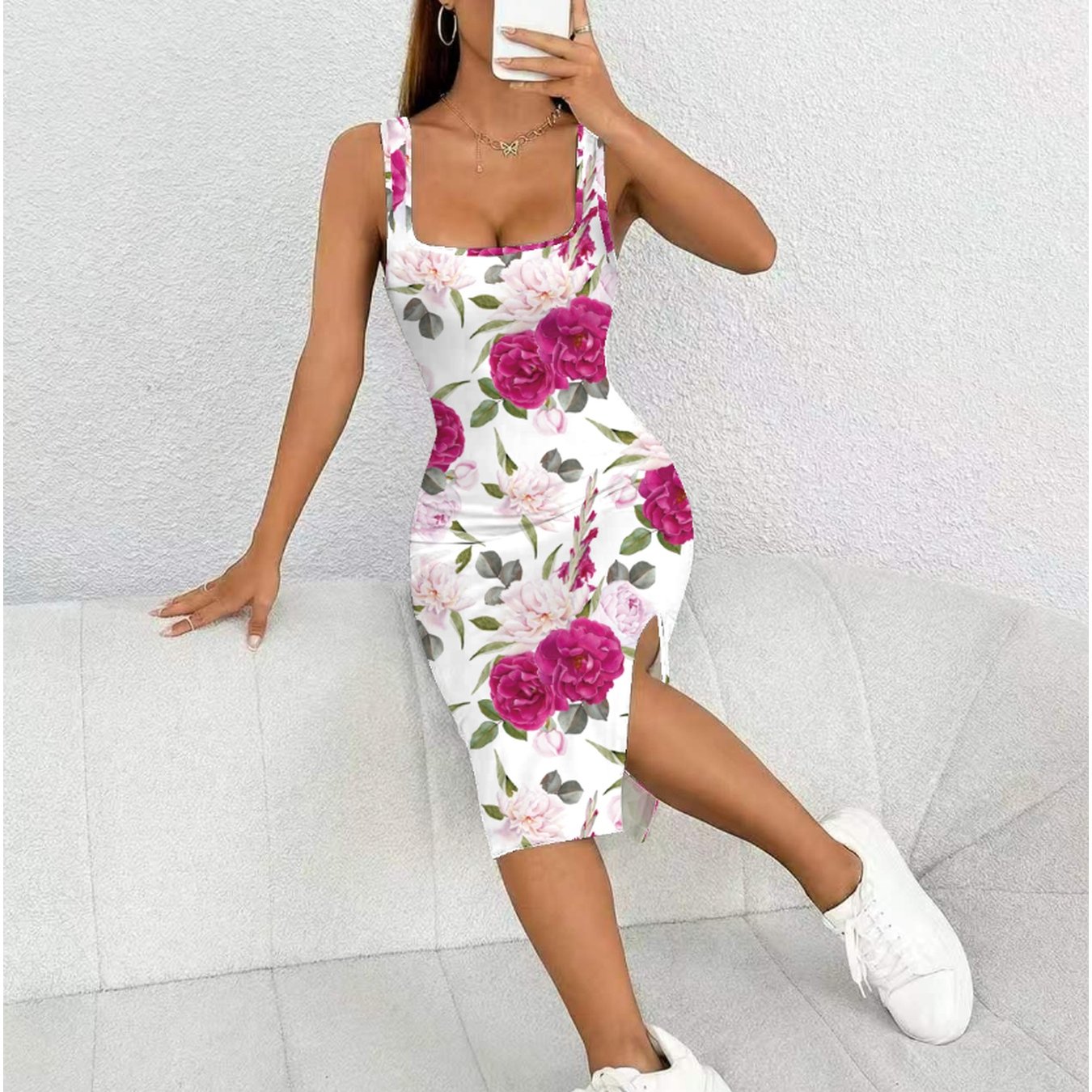TEMU Women' Base Pink Floral Neck Sleeveless Side Slit Bodycon Midi Dress