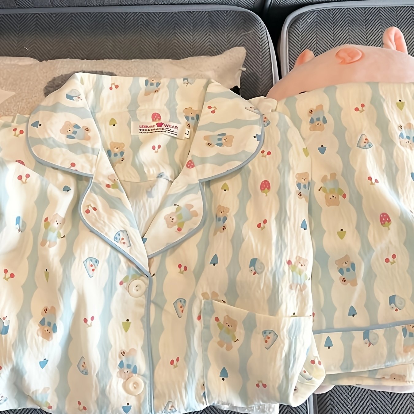 TEMU 여성용 파자마 세트, 봄/여름, 귀여운 만화 곰 & 스낵 프린트 대비 , 라펠 디자인, 편안한 캐주얼 라운지웨어, 외출복으로도 착용 가능