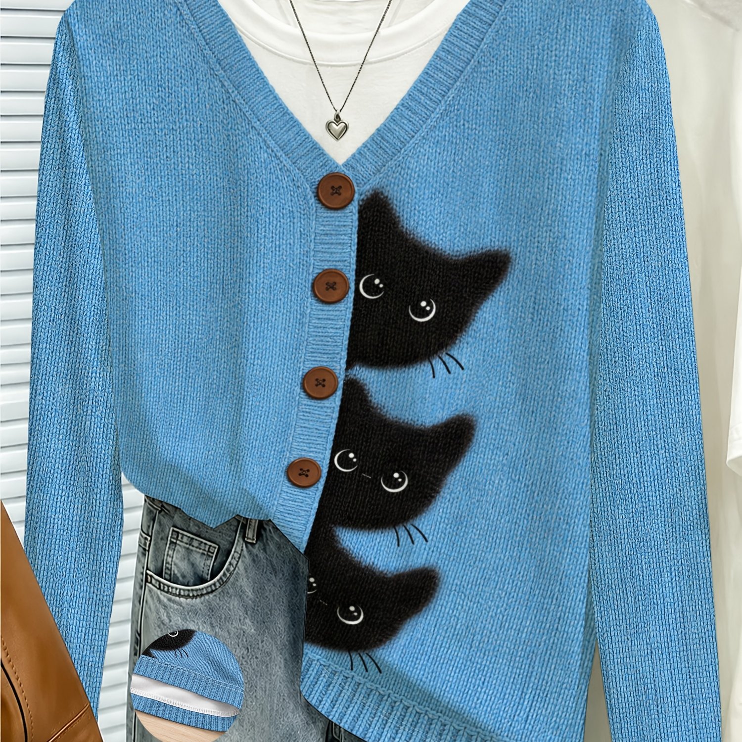 TEMU Women's Round Neck Long Sleeve Top, Sky Blue With Black Cat Print, Casual Loose All-match Base T-shirt