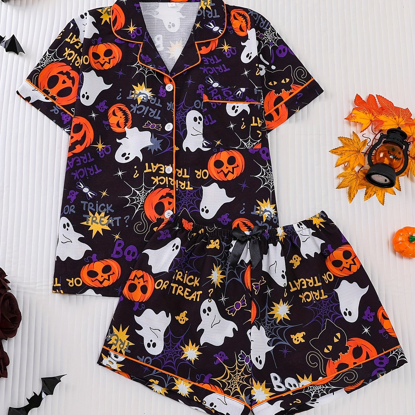 TEMU Women's Halloween Pumpkin And Bat Print Collar Pajama Set, Fashionable Women's Sleepwear, For Halloween And , Lightweight And Comfortable