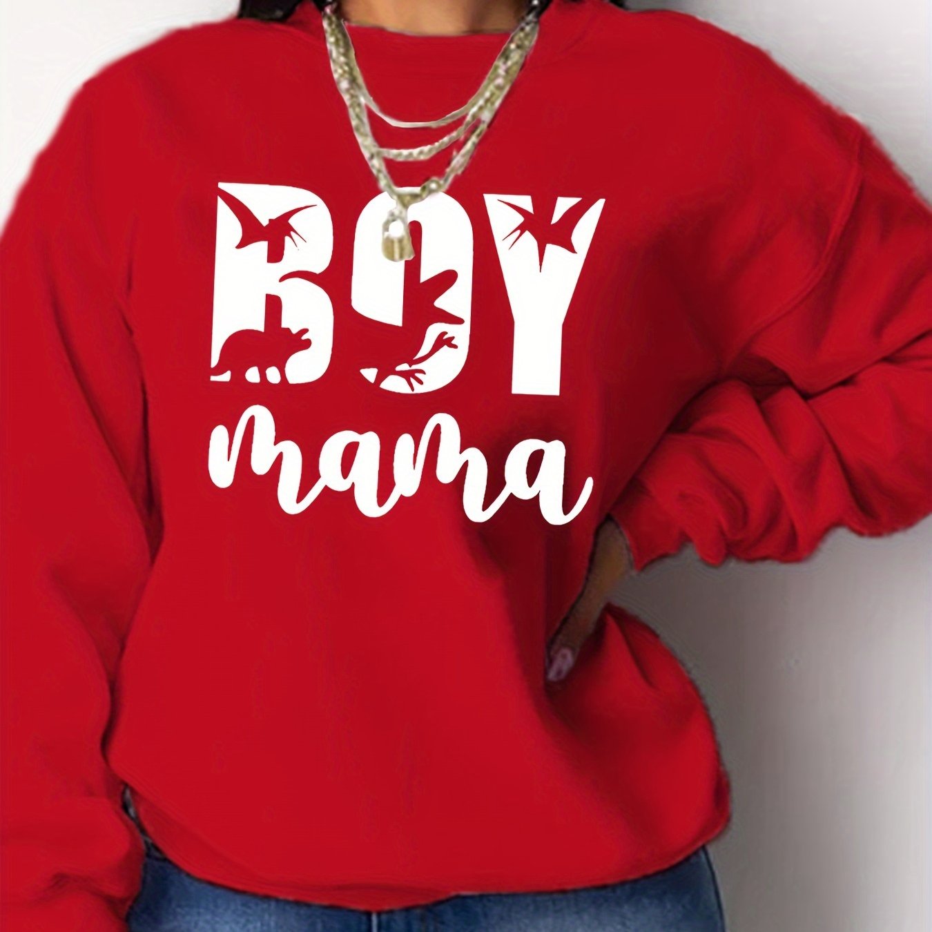 TEMU Boy Mama Crew Neck Sweatshirt, Casual Long Sleeve Drop Shoulder Sweatshirt For Spring & Fall, Women's Clothing