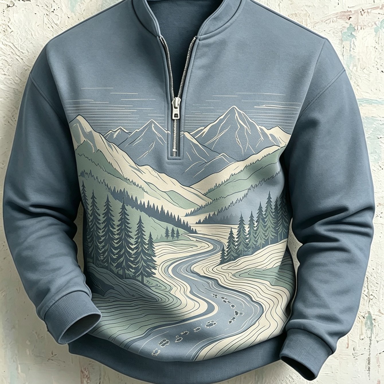 Image of New Arrival Men Half Zip Stand Collar Sweatshirt Outdoor Mountain Relaxed Style Fashion Versatile With Unique Support Machine Washable Gray Valley Landscape Print Suitable For Daily Commuting Shopping