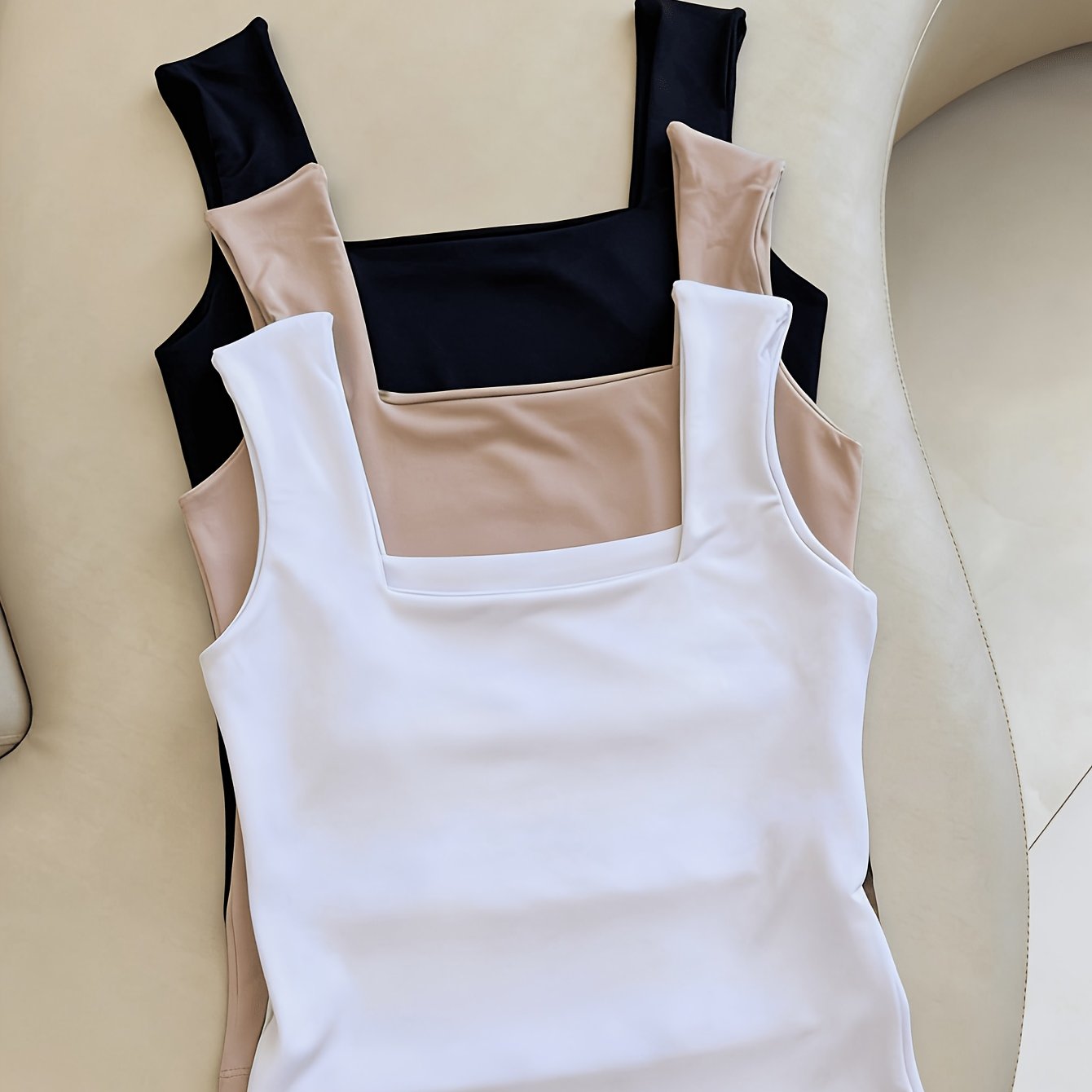 TEMU Women's 3pcs Neck Wide Strap Sleeveless Tank Top, High- Layer Top, Summer Commuting And Loungewear, , Comfortable, Skin-friendly, And Versatile