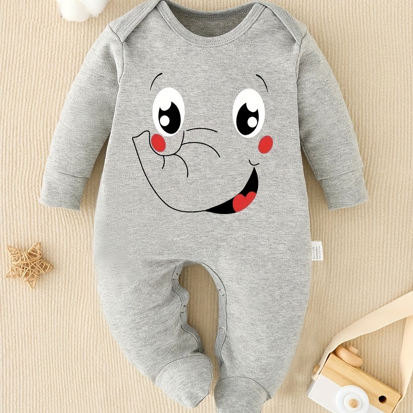 Image of Cartoon Elephant Print Newborn Footed Romper, Four-season Baby Footed Crawling Suit, Pregnancy Gift, Perfect For Outdoor