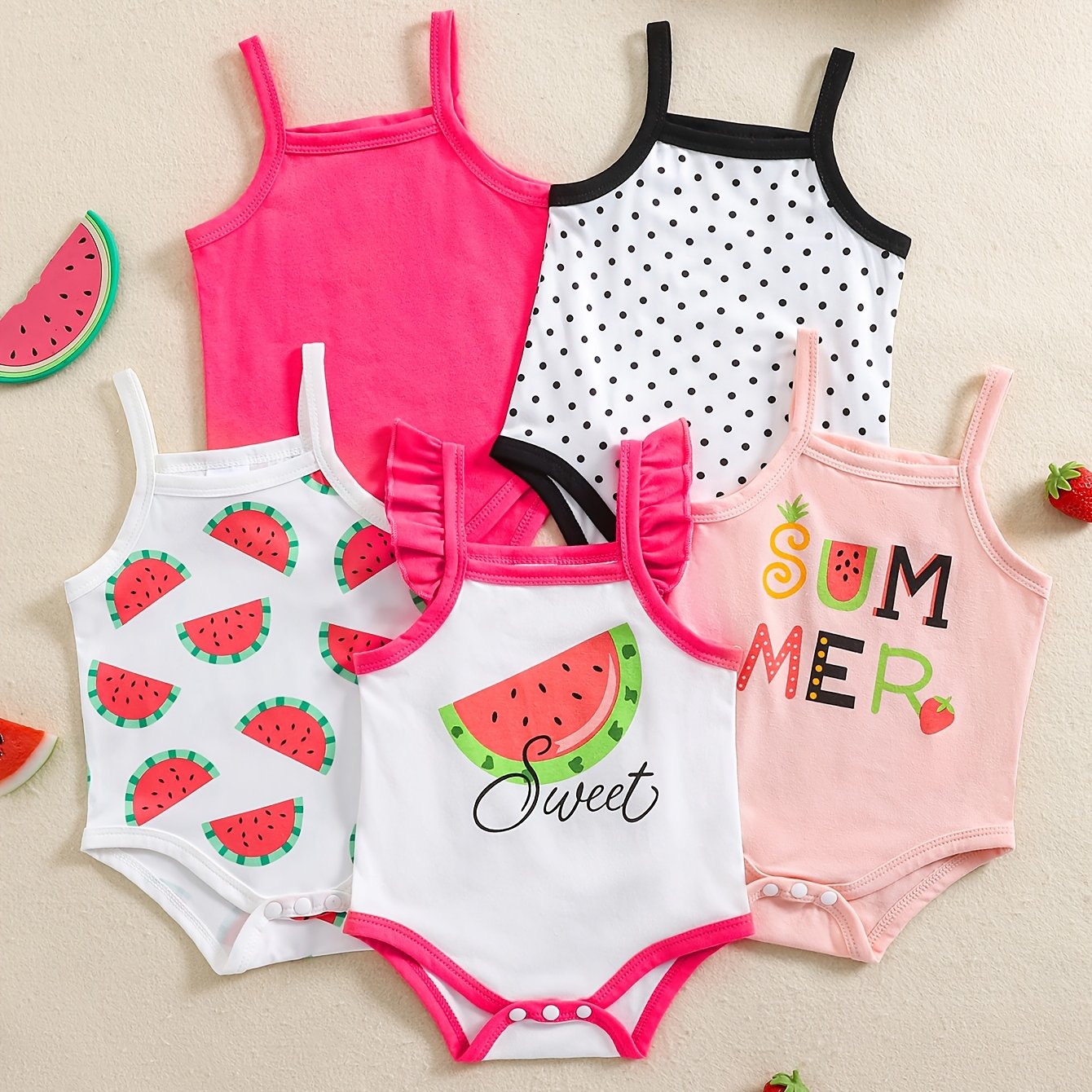 Image of Baby Girl's And Summer Suspender Hot Selling Fruit Print 5 Color Mixed Baby Suspender Jumpsuit 5pcs Set