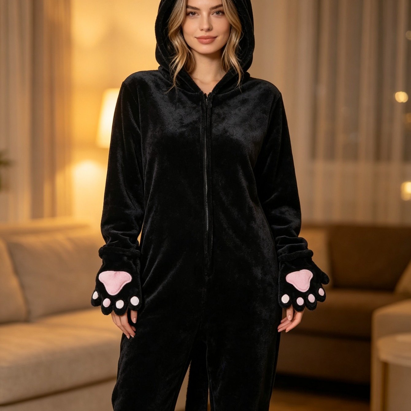 TEMU Women Black Cat Onesie Pajamas, Soft Flannel Plush Animal Hooded Jumpsuit With Cat Ears Paws Tail, Cozy Nightwear Loungewear Halloween Cosplay