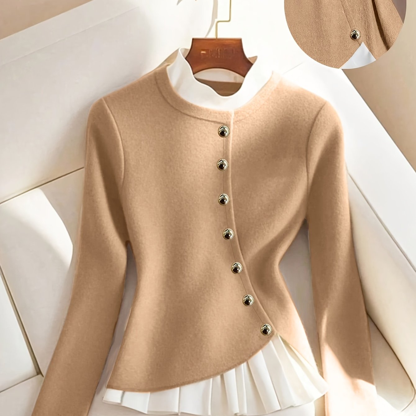 TEMU Faux Two-piece Contrast Stand Collar Long Sleeve Top Women's Slant Metal Waist Cinched Irregular Ruffle Gentle Temperament T-shirt