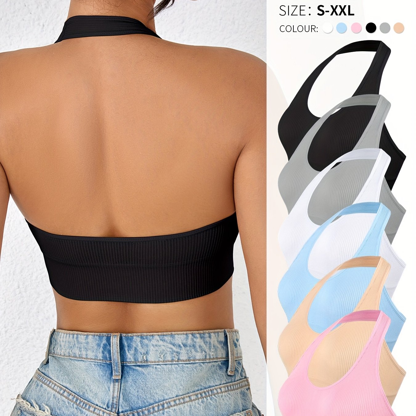 Image of 6pcs Set Women' Sports Bra Underwear Women's Ribbed Backless Halter Yoga Sports Vest