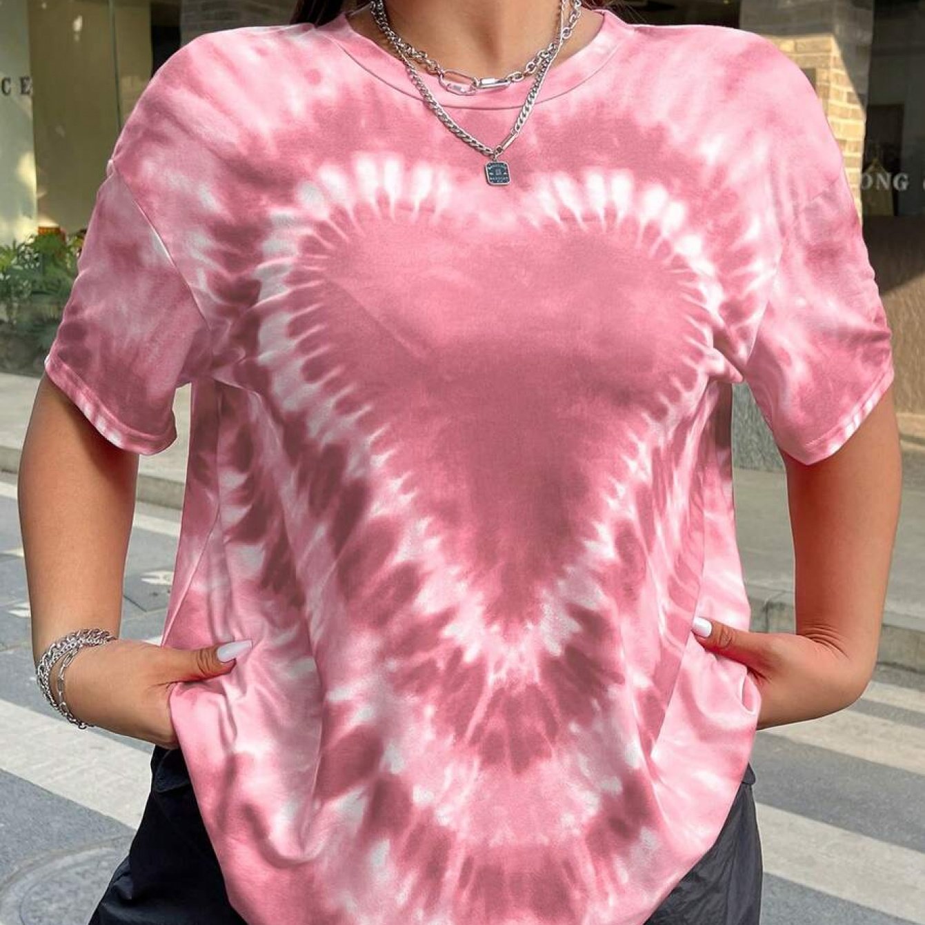 TEMU Plus Size, Women's Casual Tie-dye Heart Print Loose Fit Drop Shoulder T-shirt, Suitable For Summer, Vacation, Daily