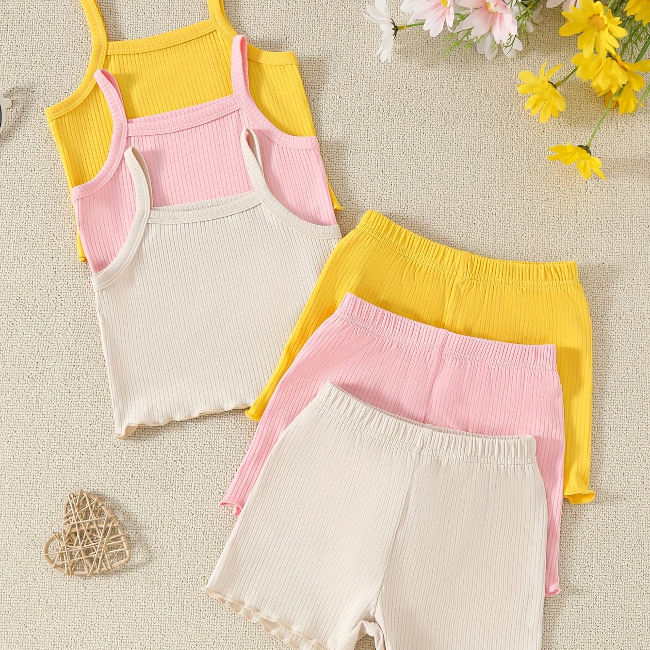 Image of Sweet Solid Color Ribbed Cami Top And Shorts For Baby Girls, Spring And Summer Cute Essential Outfit, For Outdoor