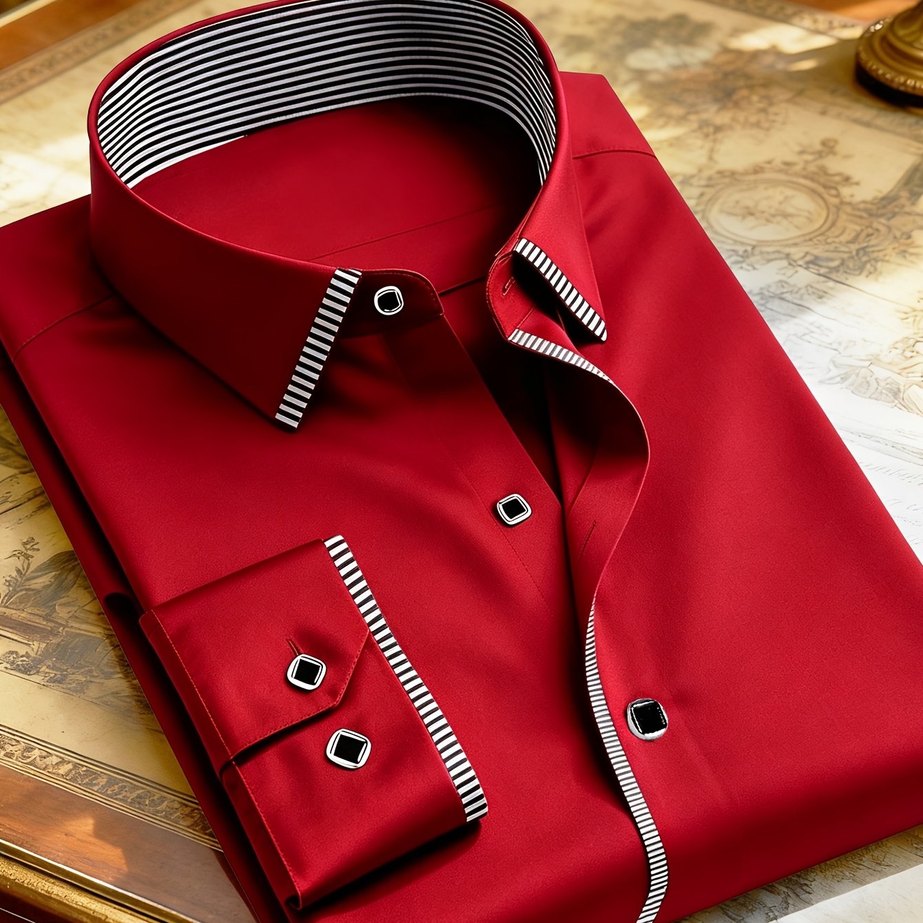 Image of 1pc Men's Shirt/men's Outfit/men's Designer Clothing/vacation Daily Minimalist -friendly Comfortable Woven Plain Fabric Long Sleeve Formal Casual Shirt Contrast Striped Trim Metal Button Fit Daily
