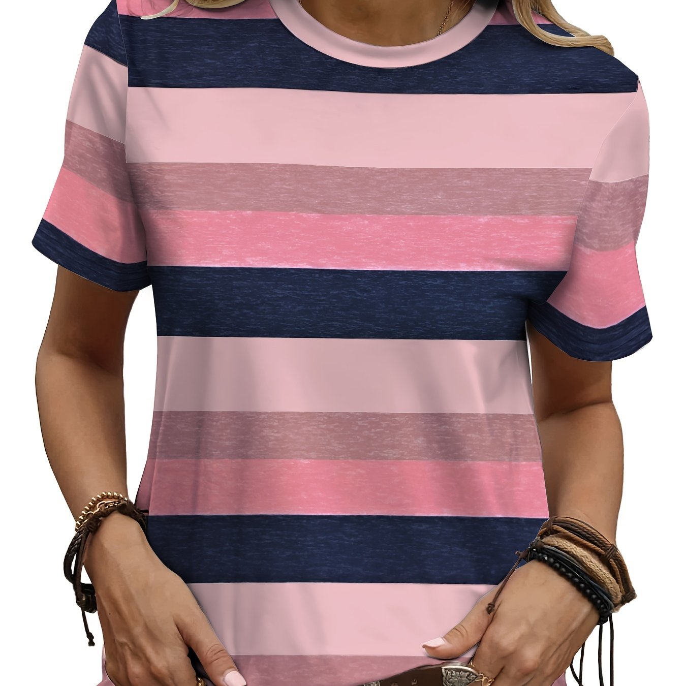 TEMU 2d Print Elegant Vacation Minimalist Regular Fine Blue And Pink Contrast Stripe Graphic Neck Short Sleeve, Elegant Fashion Casual Daily Short Sleeve T-shirt, New Women's Short Sleeve T-shirt