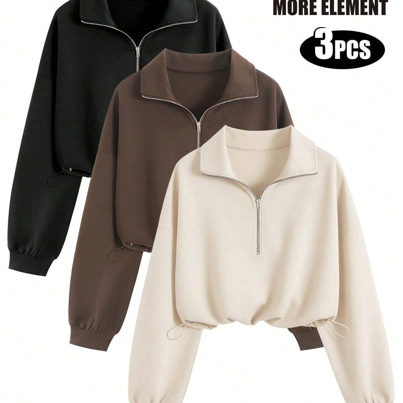 TEMU Set van 3 stuks: Vintage Amerikaanse stijl sweatshirt met rits, kleur en trekkoordzoom