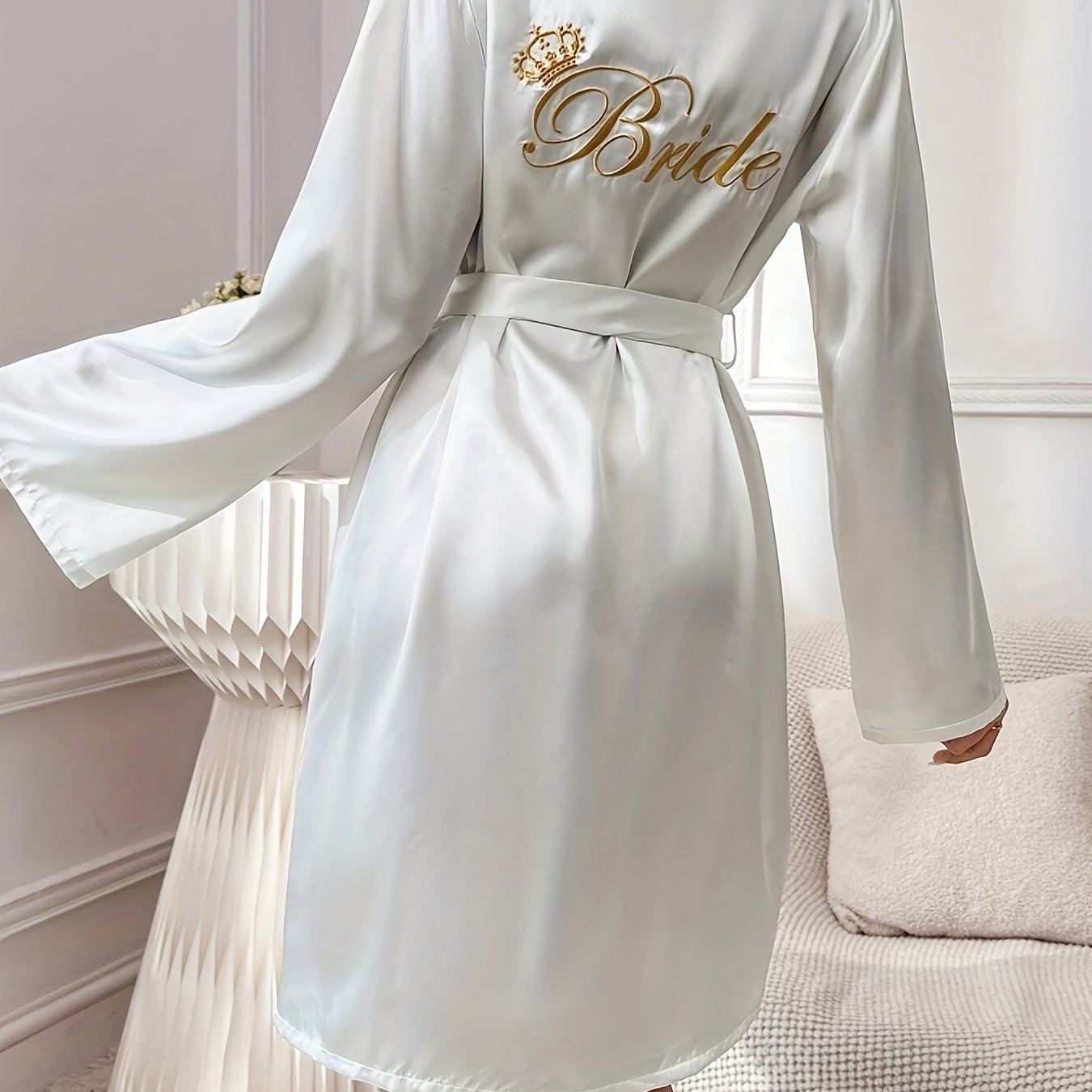 TEMU 1pc V-neck Long For Women, Embroidered , Wear, Sleep Gown With Belt