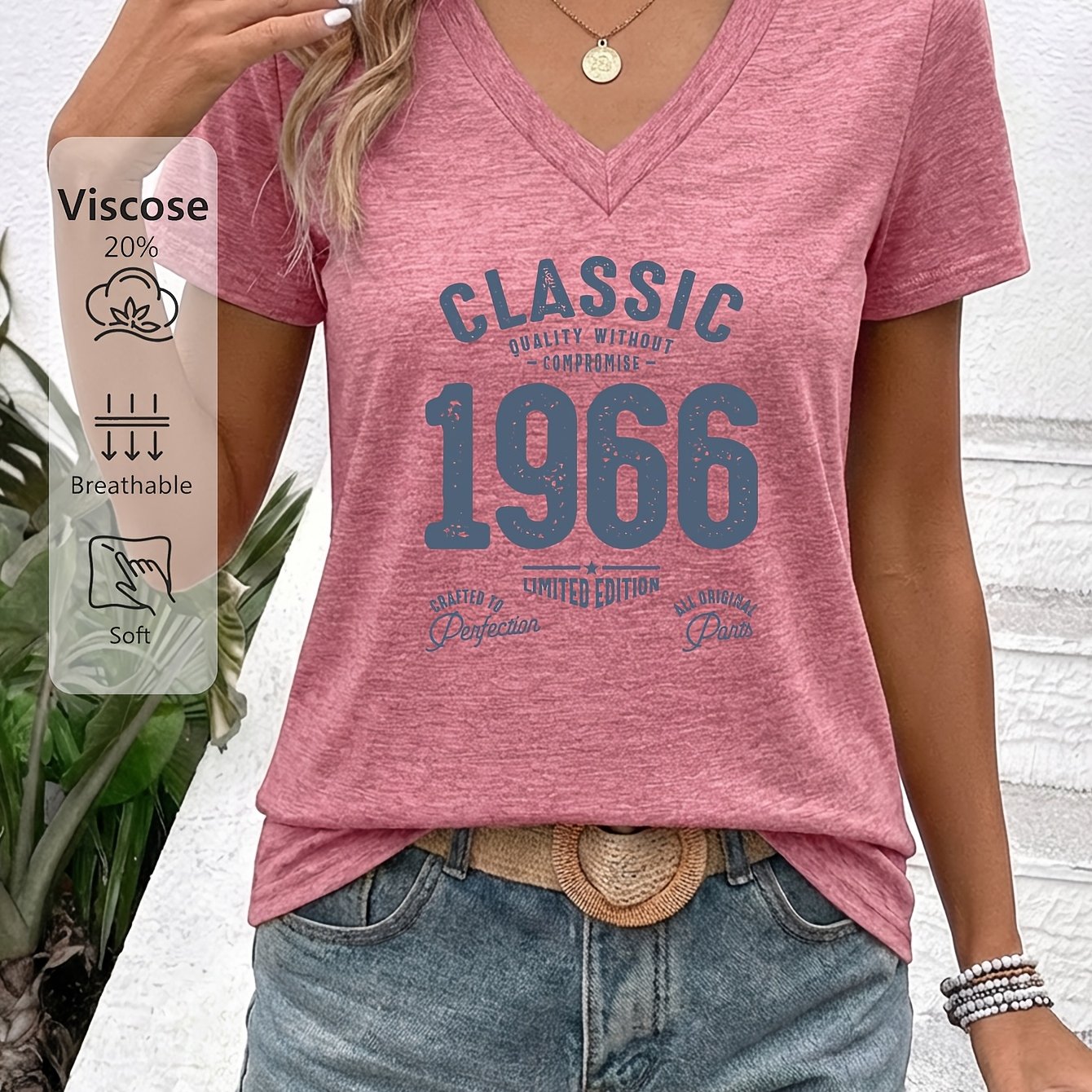 TEMU Women's Vintage 1966 V-neck T-shirt - Lightweight Breathable Short-sleeve Top With Vibe Color V-neck Neckline, Suitable For Daily Commuting,