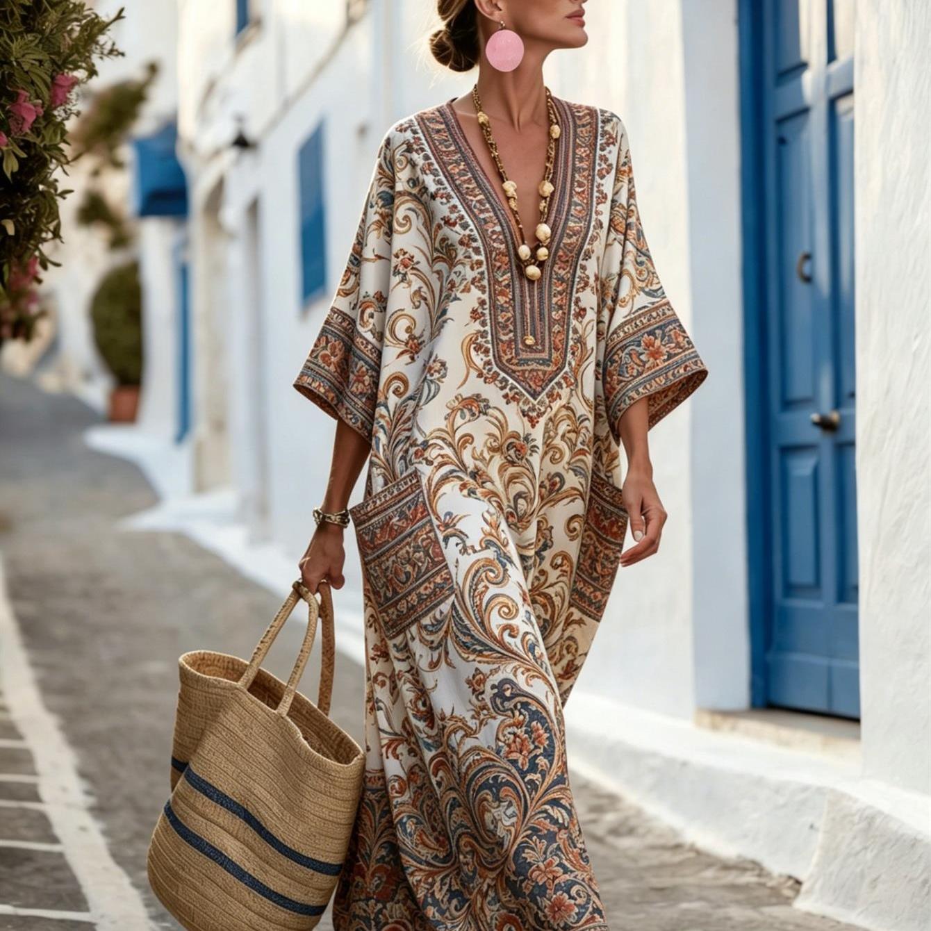 Vintage Paisley Floral Full Print Loose -sleeve -friendly Vacation Kaftan Dress Perfect Travel Outfit And Premium Gift
