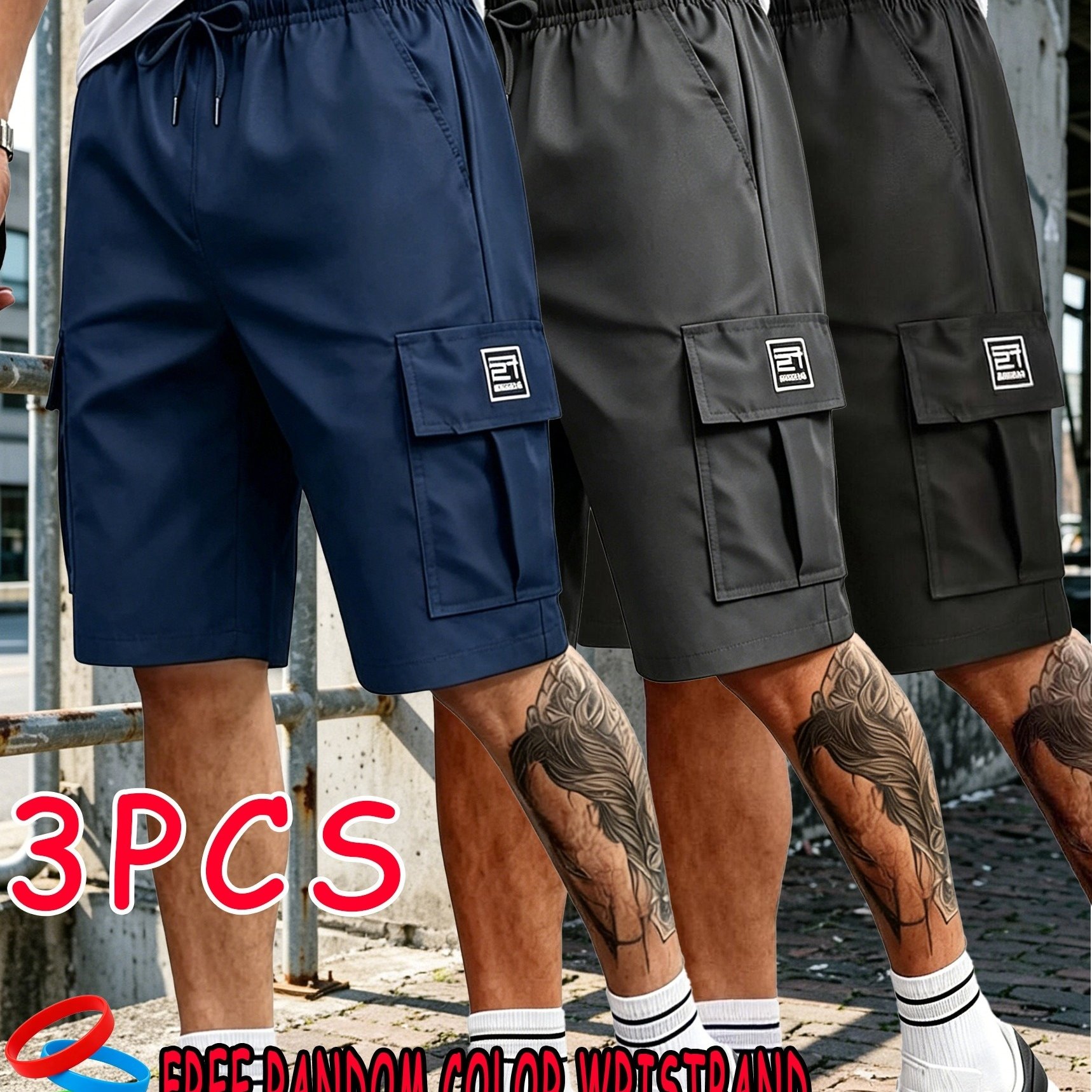 Image of 3pcs Men's Style Solid Color Cargo Shorts, Elastic Drawstring Waist Multi-pocket Loose Bermuda Shorts, Lightweight Summer Outdoor Sports Shorts