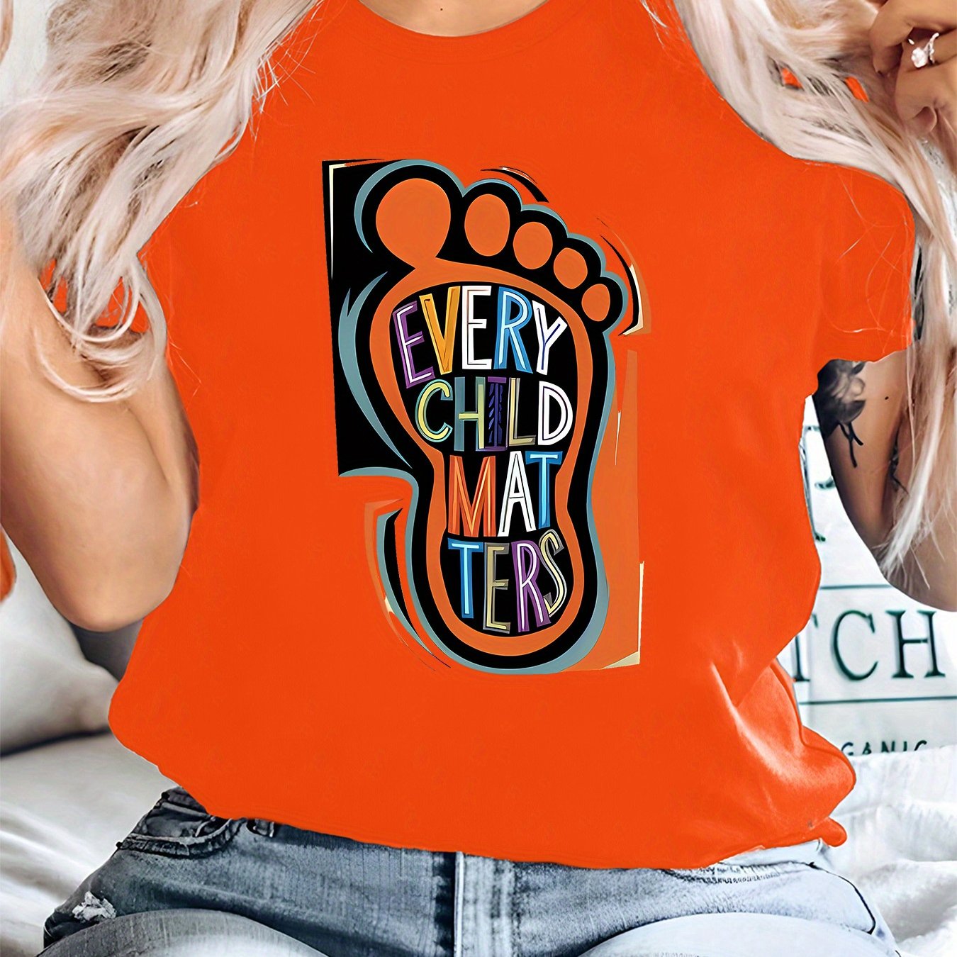 TEMU Plus Size - Plus Size - " Means " ", English) Colorful Public Slogan Footprint Plus Size Short-sleeved T-shirt, Fabric, Round Neck, Pullover