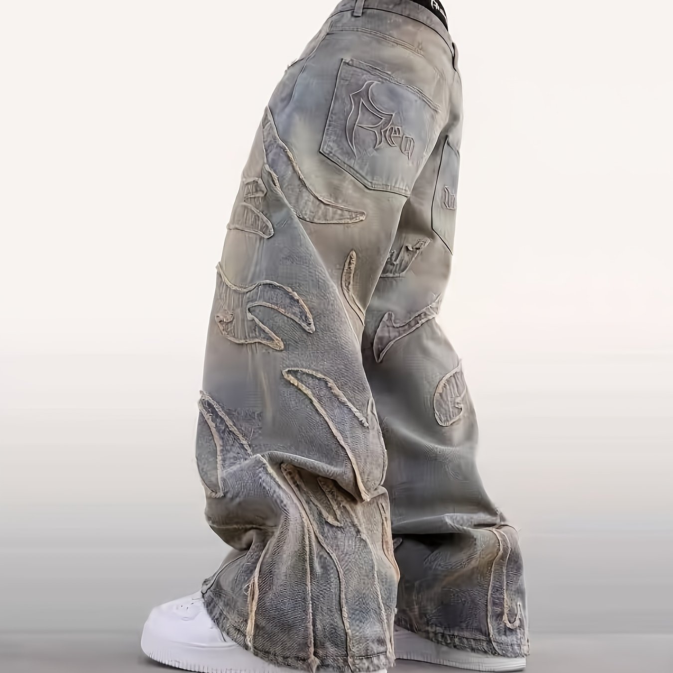 Image of Men's Vintage Wide Leg Jeans - Distressed Washed Denim Ripped Hip-hop Streetwear Pants, Loose Fit Trousers Suitable For Casual Urban Style, Machine Washable Wide Leg Wide Pants For Wear