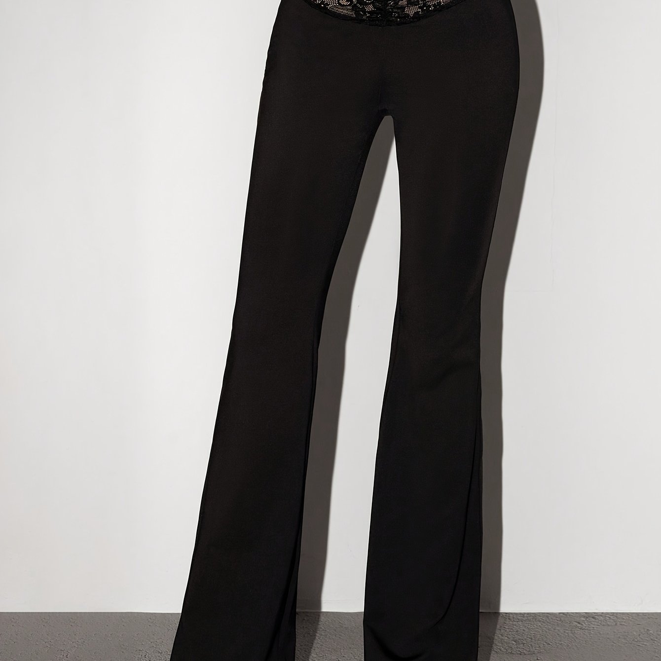 TEMU New Women's Fashion Black Long Pants. Waist Sexy Flared Pants With Lace-paneled Waist Design, Suitable For Female Teacher Uniforms, Nightclub