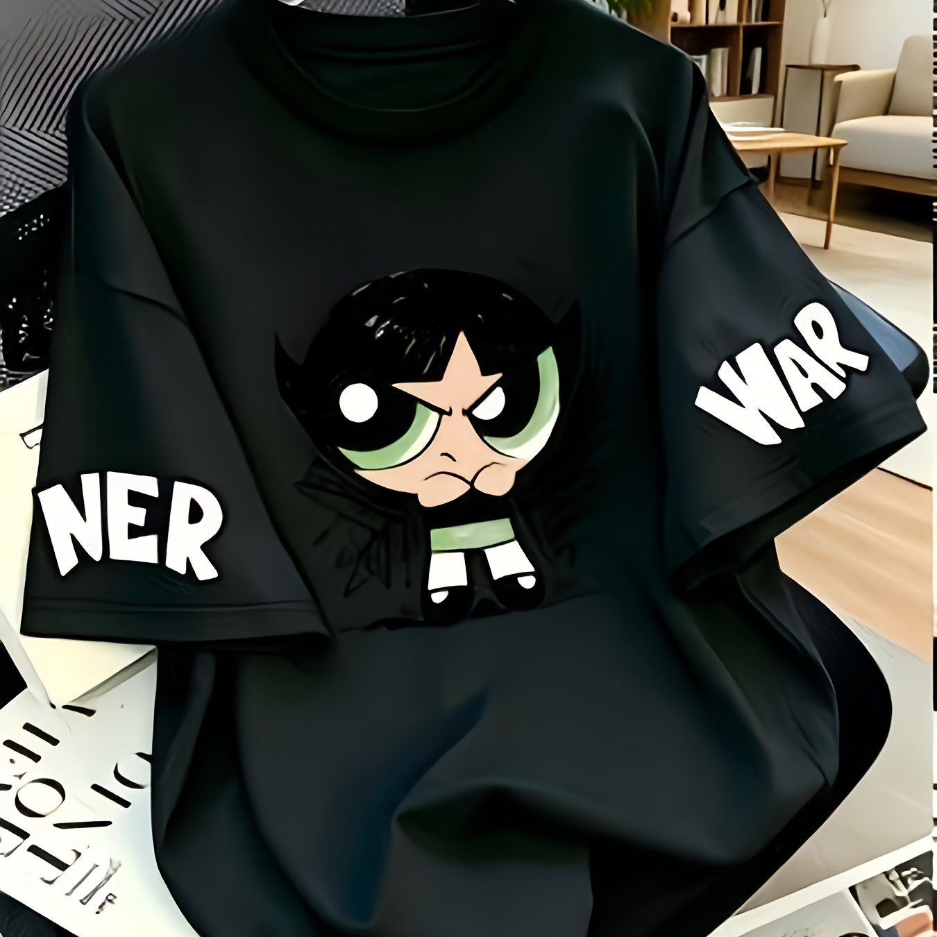 TEMU Warner . Powerpuff Fuzzy Fork Men's T-shirt, Trendy Casual Anime Top, For Sports, Office Use, Suitable For Men And Women' Wear, Sports