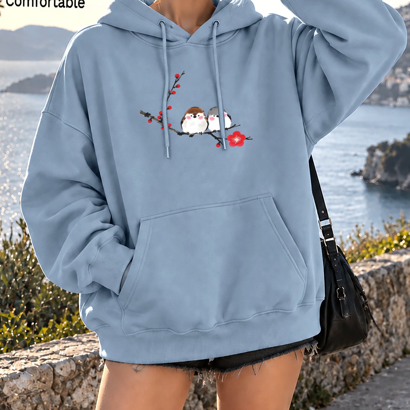 Image of Autumn Women's Fashionable Loose Drop-shoulder Hoodie With Bird And Plum Print, Warm And Comfortable Casual Pullover Outerwear With Pockets And Drawstrings