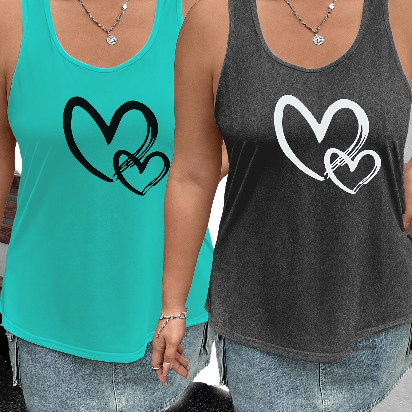 TEMU Plus Size - Plus Size - Set Of 2 Soft Casual Plus-size Sleeveless Tops With Prints For Spring And Summer, Stylish And Trendy Pullover, New