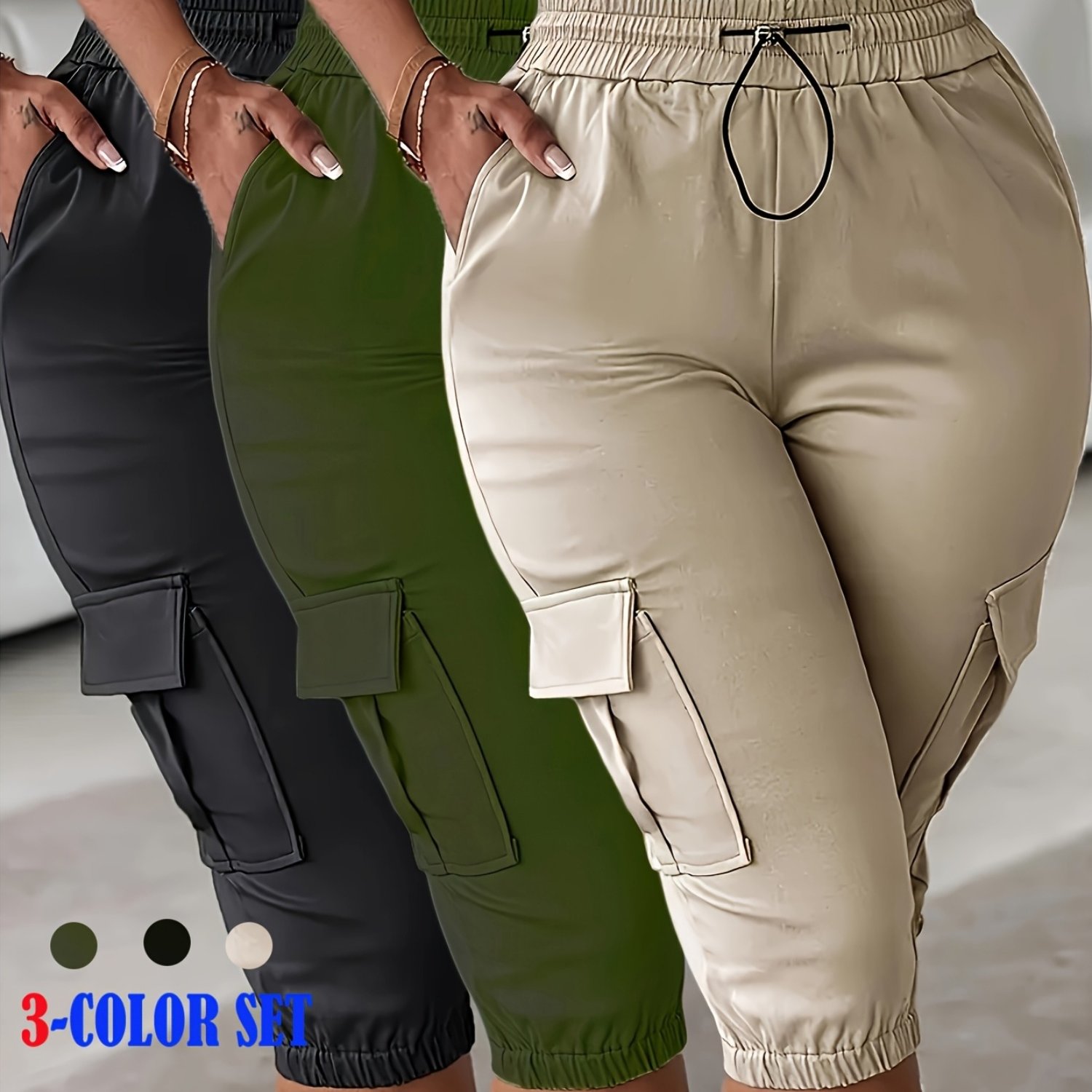 TEMU 3524 3pcs Set 2026 New Style Drawstring Waist Cargo Pants With Side Pockets, Short Version