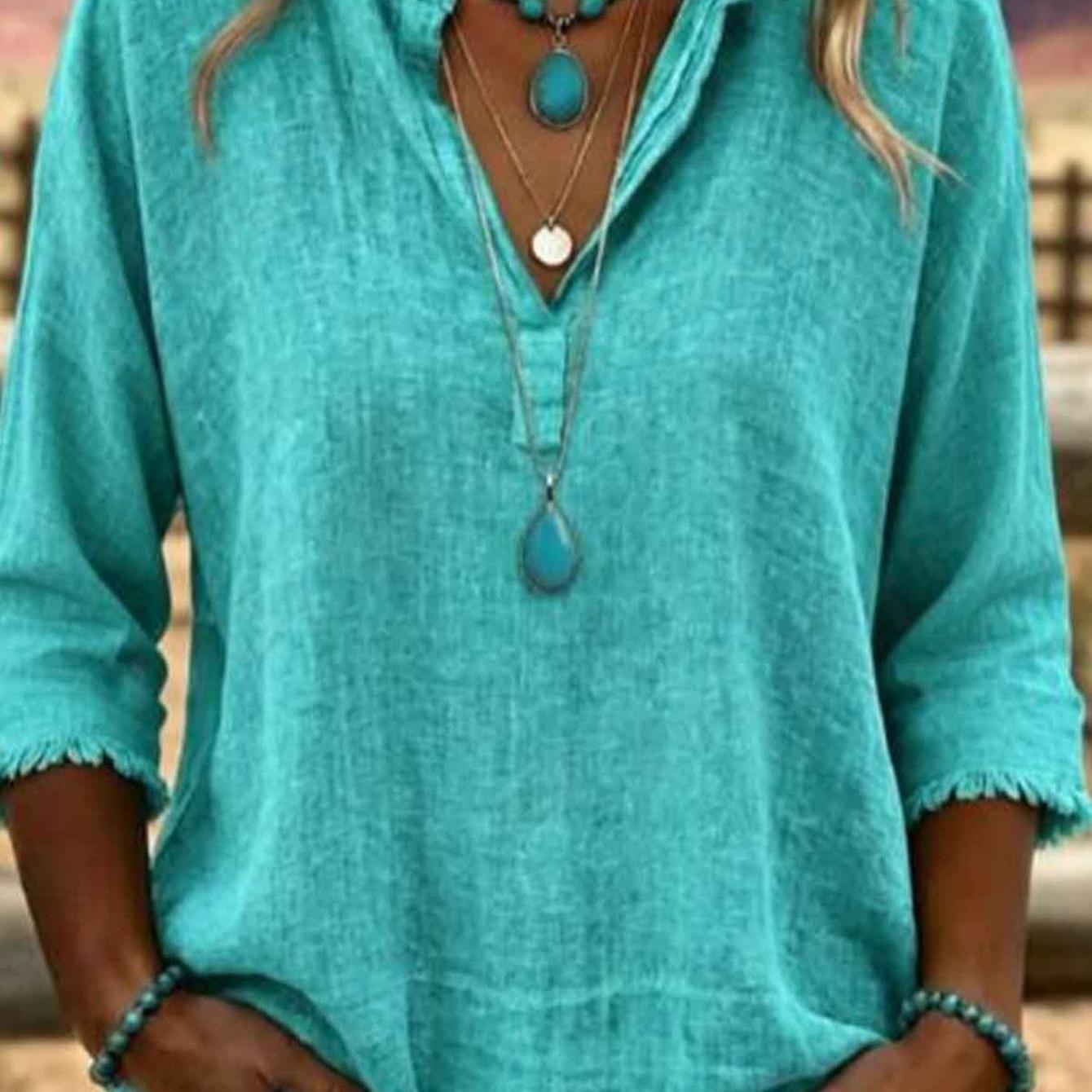 Image of Blouses For Women Loose Tops Basic Long Sleeve V-neck Top Loose Fringe Hem Shirts Casual Collared Blouses Comfy Autumn Fall Fashion Clothes