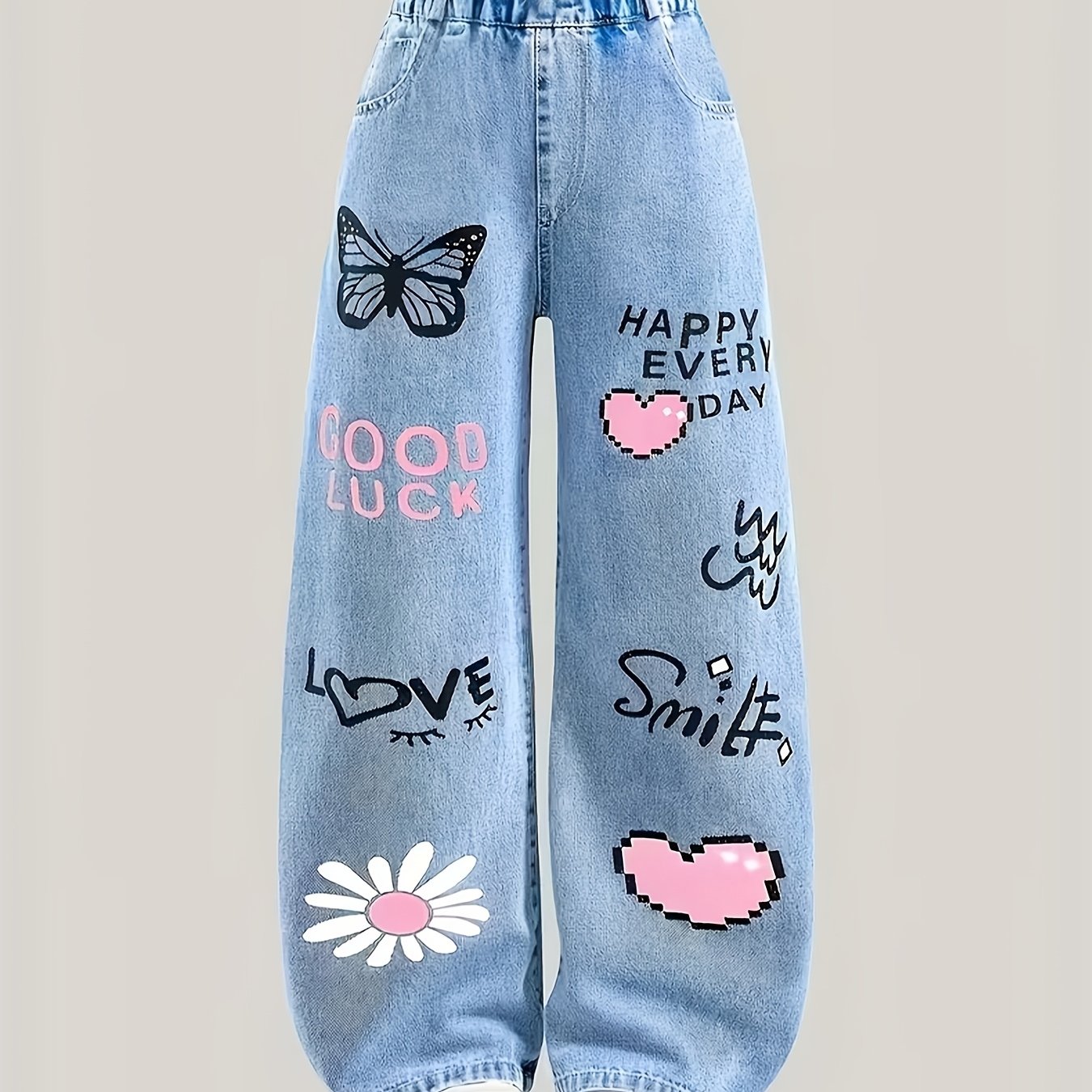 Image of Girls' Denim Jeans, Spring/autumn Print, 2026 New Style, Fashionable Versatile Loose-fit Casual Pants For Middle And Older Toddlers