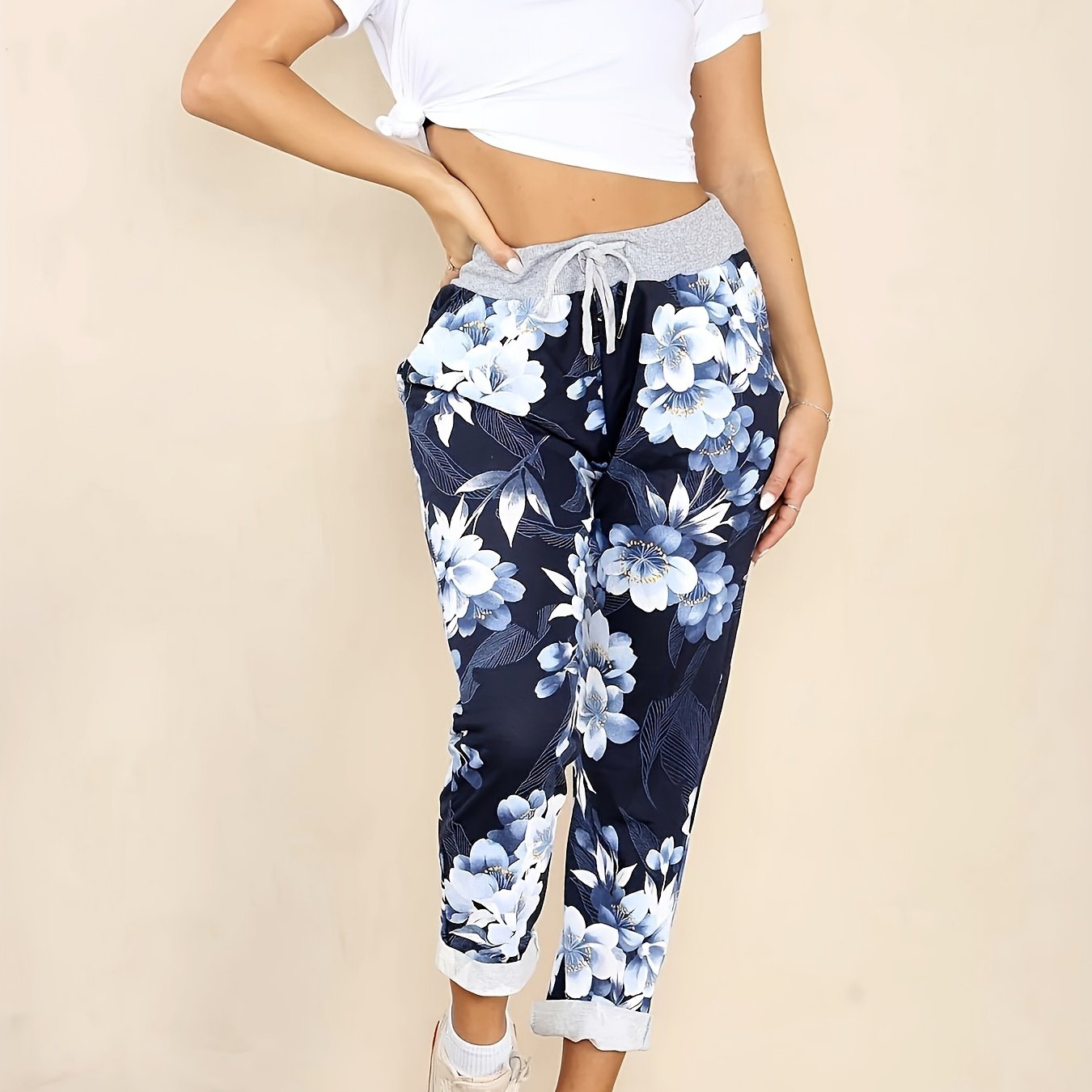 Image of Floral Print Drawstring Waist Pants, Casual Pocket Tapered Pants For Spring & Fall, Women's Clothing