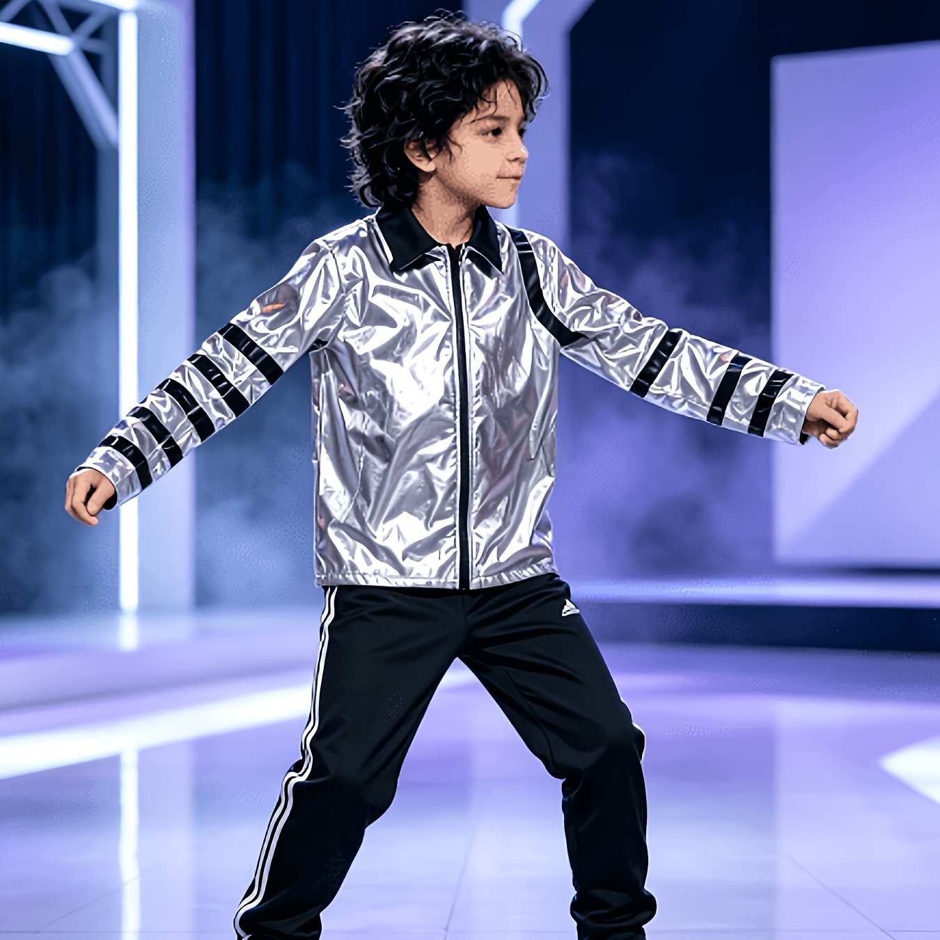 Image of A Bright Gray Reflective Fabric Top With A And Multiple Black Prints On The Sleeves, A Contrasting . Suitable For Halloween Parties, Festival Performances, And