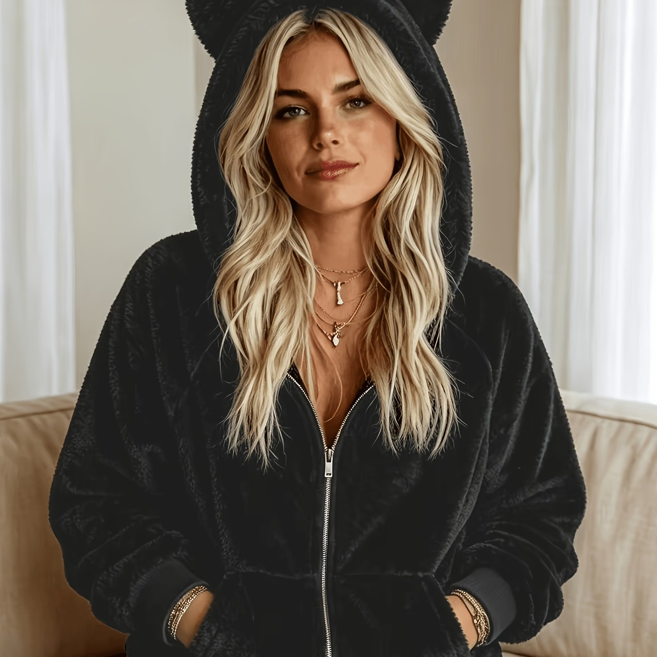 TEMU Wy260711124 Women's Elegant Autumn Winter Cat Ear Comfortable Zipper Women's Fashion Hoodie