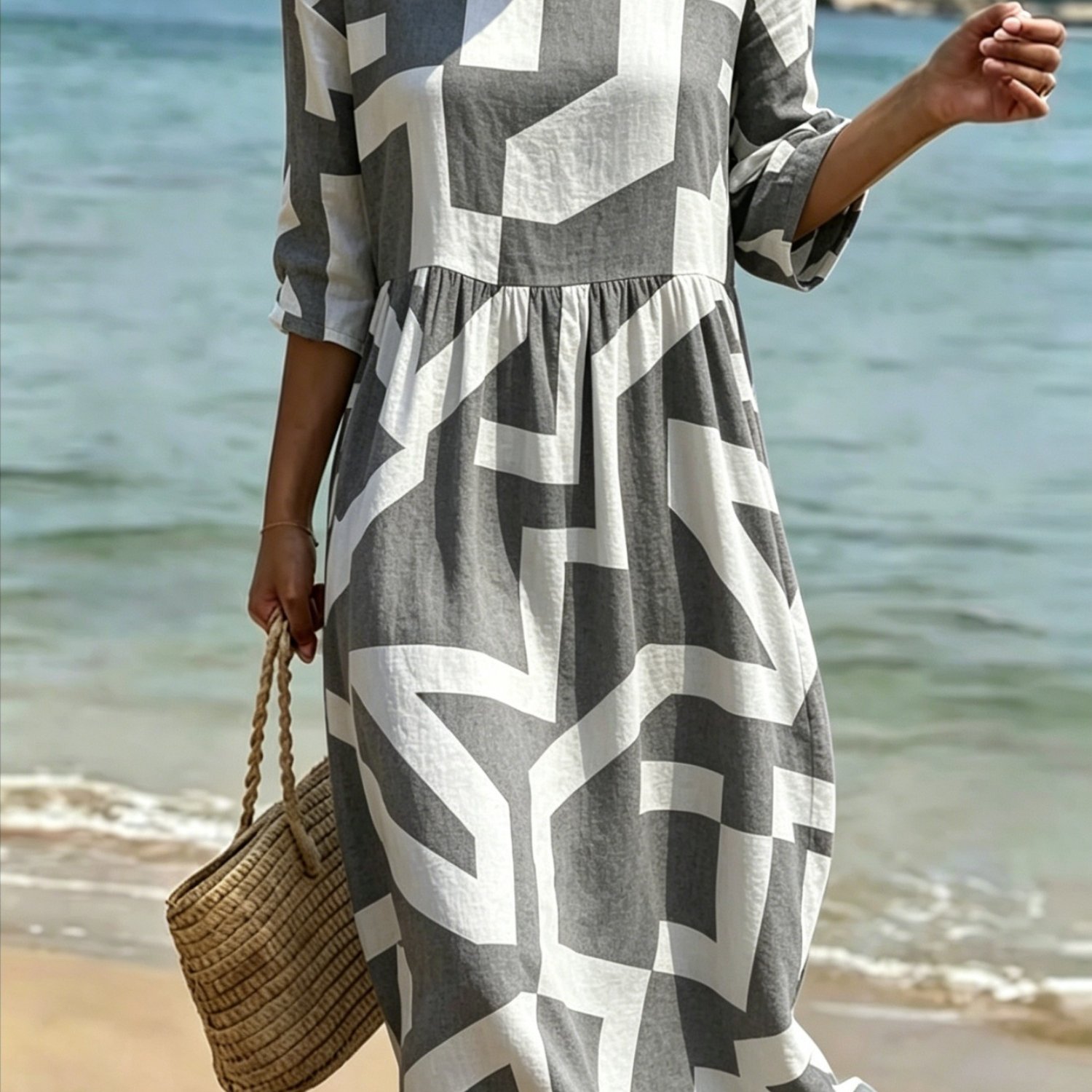 Image of Plus Size - New Arrival Plus Size Sleeve Dress Round Neck Loose Waist Design Gray And Abstract Geometric Print Daily Casual Wear