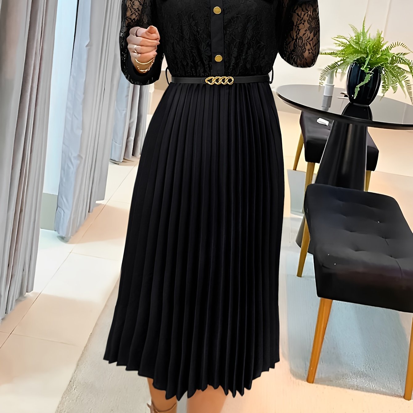 Autumn New Lace Belt Dress Elegant Long Sleeve Women's Dress