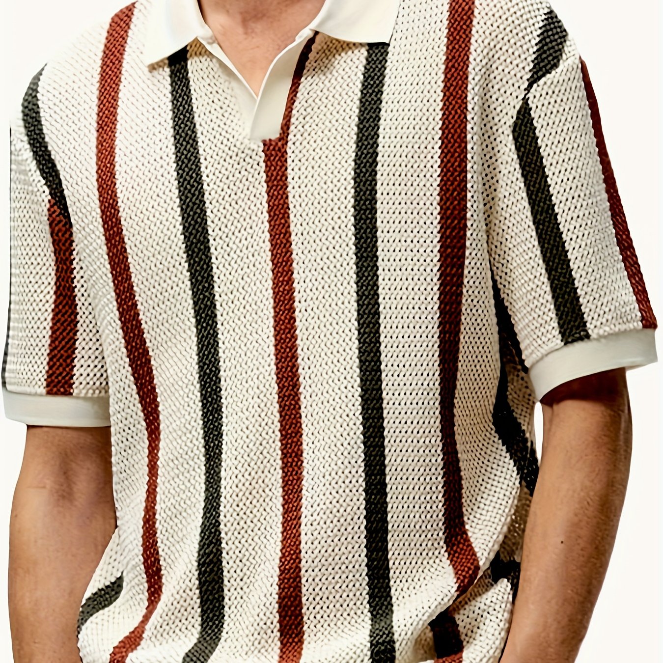 E-shop Atmungsaktives Herren-Poloshirt mit Rundhalsausschnitt und kurzen Ärmeln, gestreiftes Strick-Top mit Kragen für den Strand