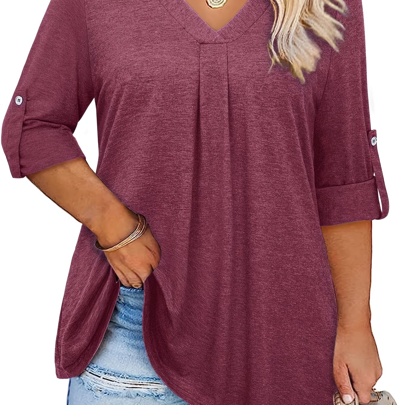 Plus Size Women's 3/4 Sleeve V-neck Blouse - Lightweight Breathable Tunic Top, Solid Color Button-front Design For Spring Summer Fall, Hand Wash Only