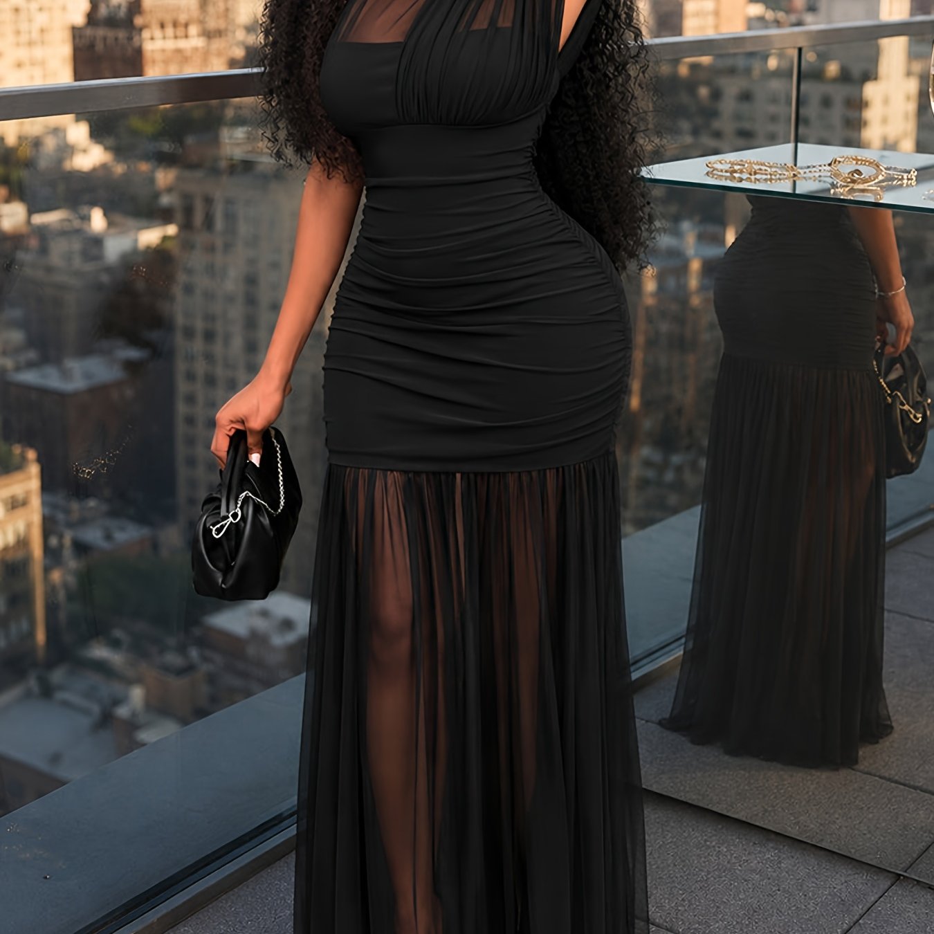 TEMU Elegant And Stylish Women' Color Small Collar Mesh Waist Gathered Slim-fitting Hip-hugging Sexy Light Luxury Mermaid Long Dress Ft