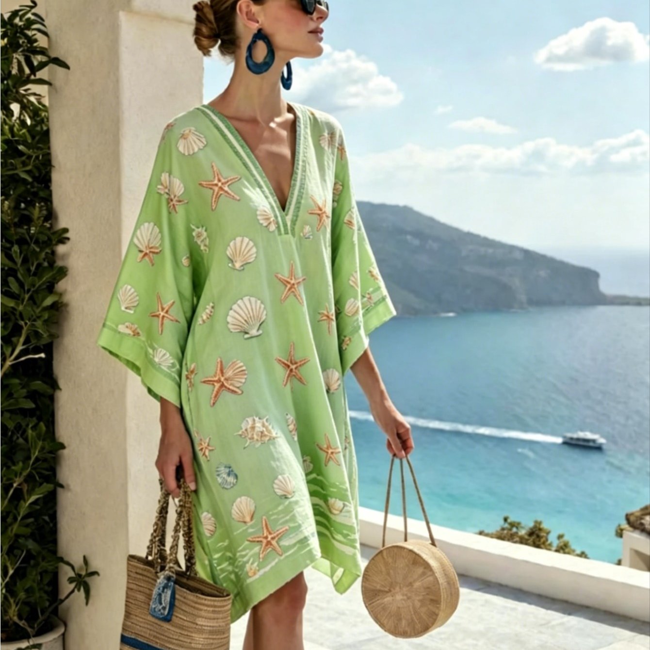 Image of Plus Size Women's Spring/summer V-neck Robe Dress With Vintage Print And Slub Yarn. This Versatile Casual Dress Fits All Body Types And Worn As A Blouse Or Casual Dress